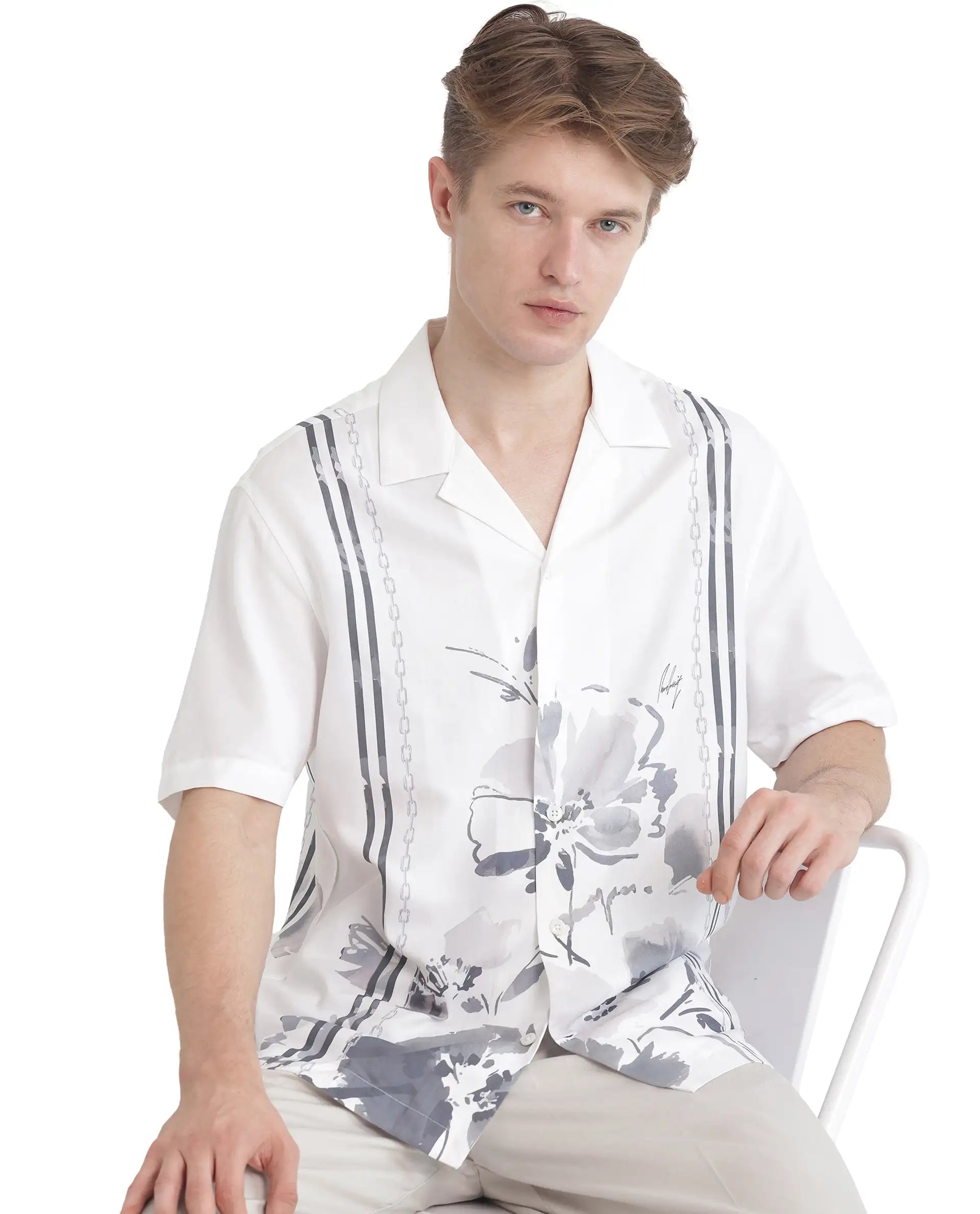 Rare Rabbit Men's Mavo White Cotton Modal Fabric Half Sleeve Cuban Collar Button Closure Relaxed Fit Floral Print Shirt