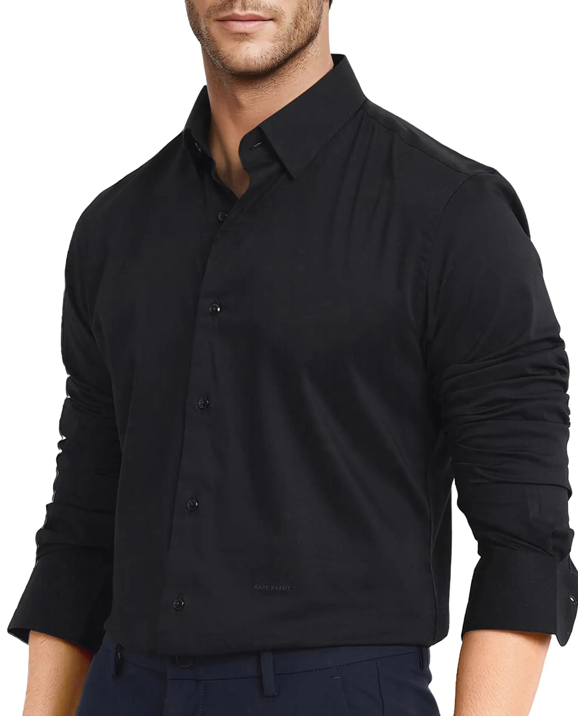 Rare Rabbit Men Mawz Black Cotton Polyester Fabric Full Sleeve Regular Fit Plain Twill Shirt