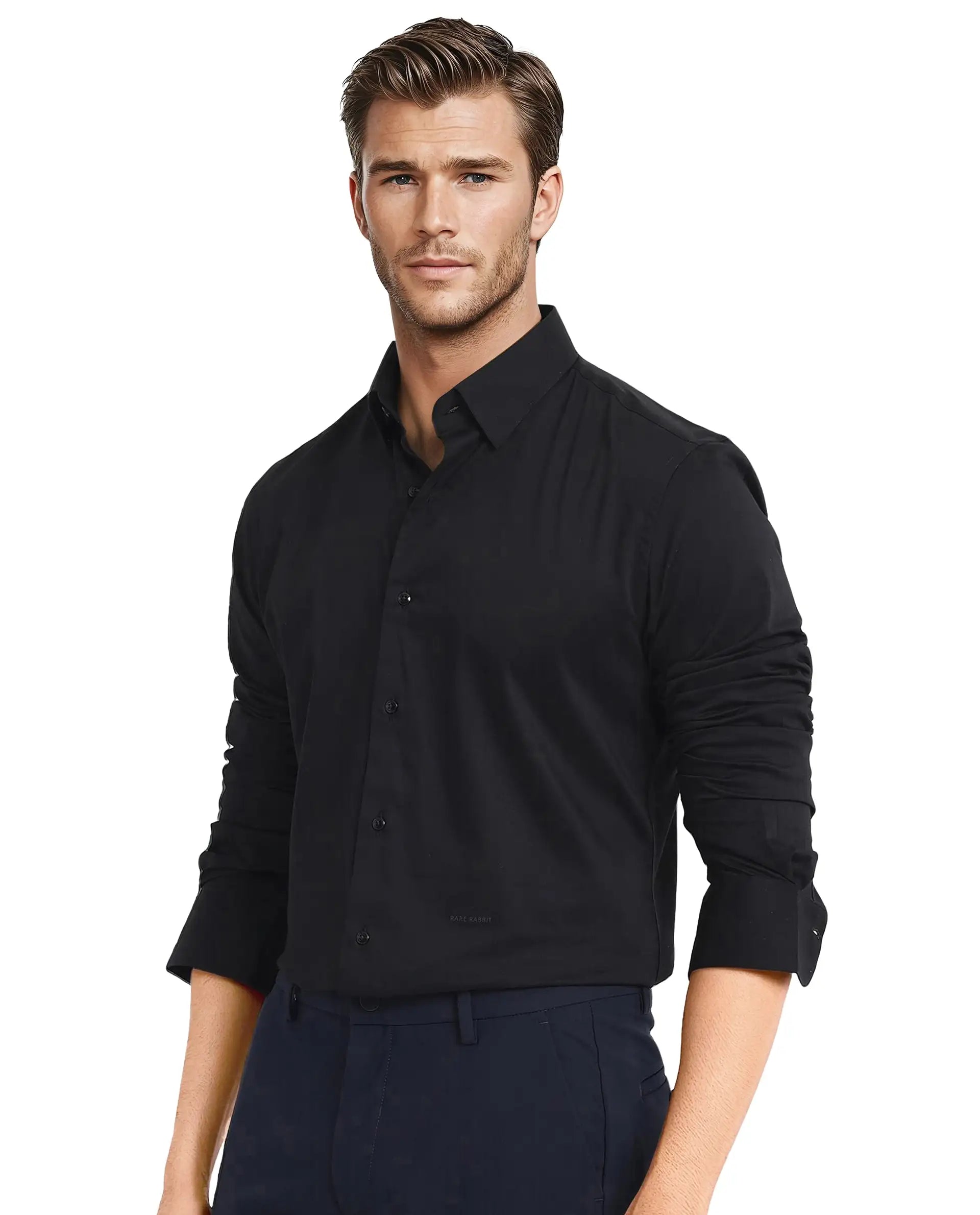 Rare Rabbit Men Mawz Black Cotton Polyester Fabric Full Sleeve Regular Fit Plain Twill Shirt
