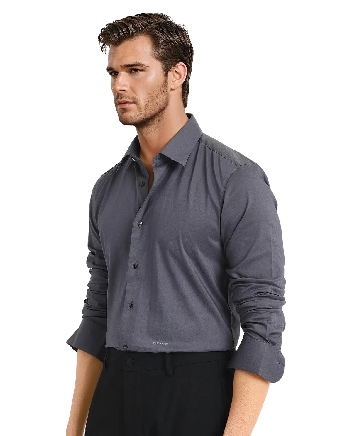 Rare Rabbit Men Mawz Dark Grey Cotton Polyester Fabric Full Sleeve Regular Fit Plain Twill Shirt