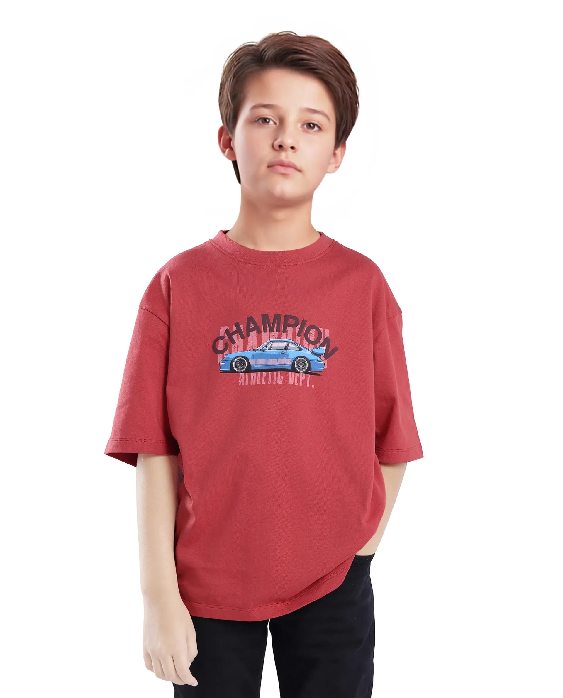 Rare Ones Kids Max Dusky Red Cotton Printed Slip-On Oversized Fit T-Shirt