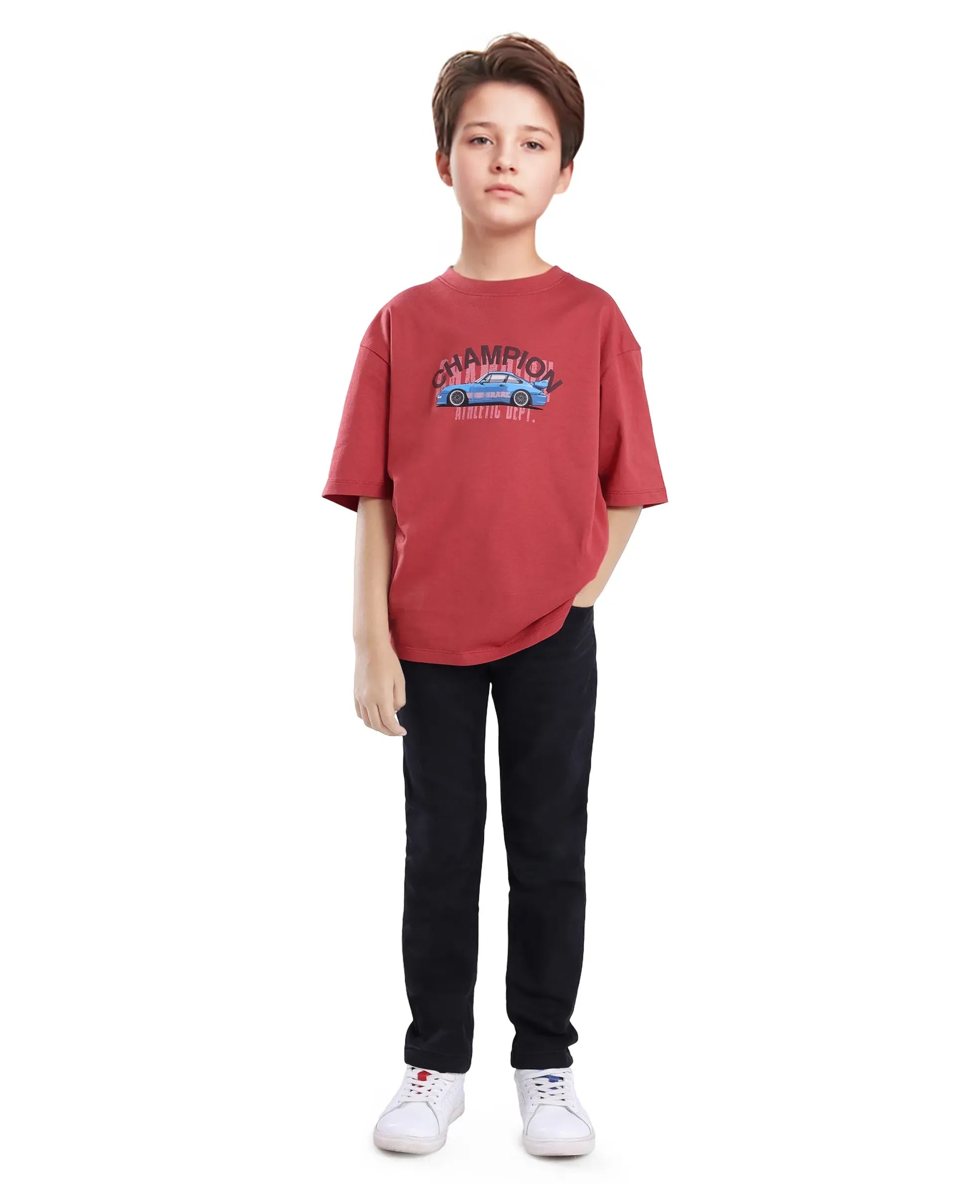 Rare Ones Kids Max Dusky Red Cotton Printed Slip-On Oversized Fit T-Shirt