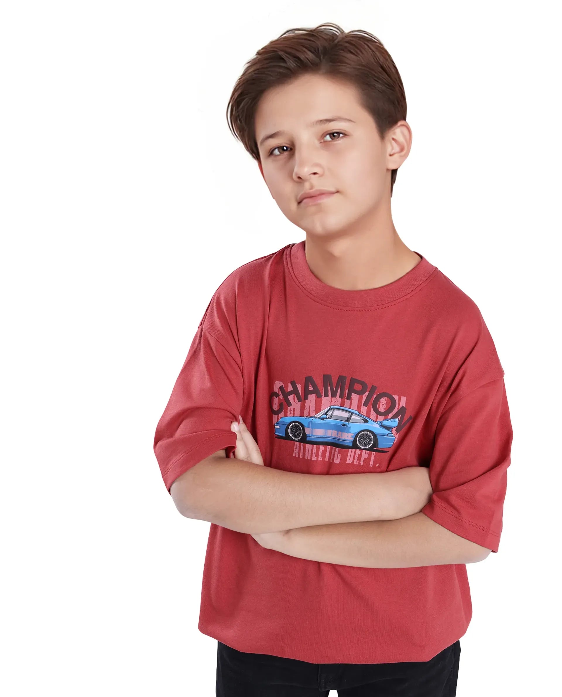 Rare Ones Kids Max Dusky Red Cotton Printed Slip-On Oversized Fit T-Shirt