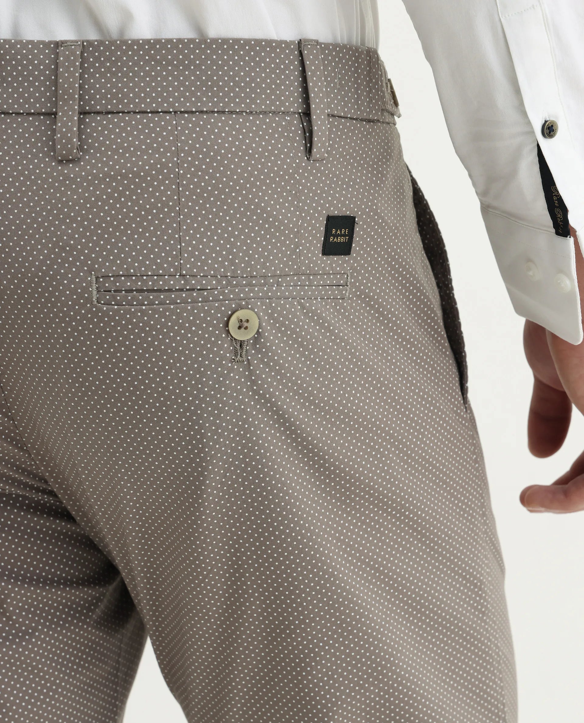 Rare Rabbit Men's Maxim Beige Cotton Polka Print Slim Fit Trouser