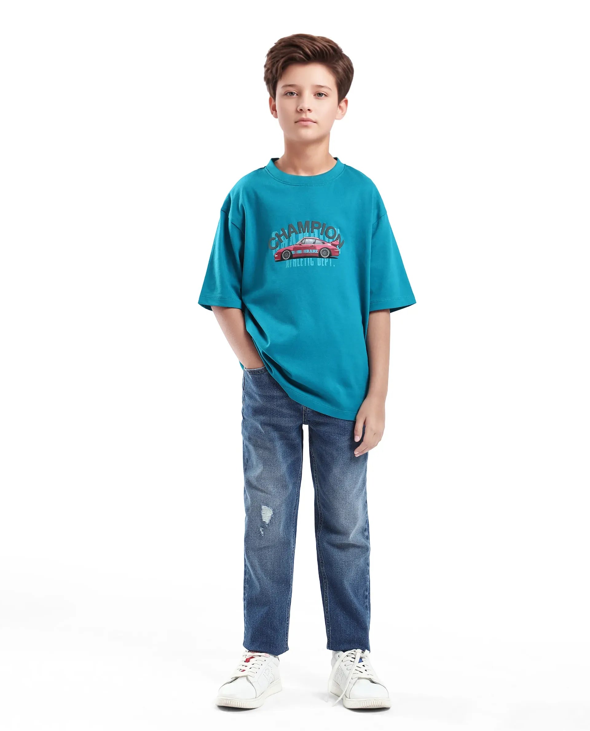 Rare Ones Kids Max Turq Cotton Graphic Print Slip-On Oversized Fit T-Shirt