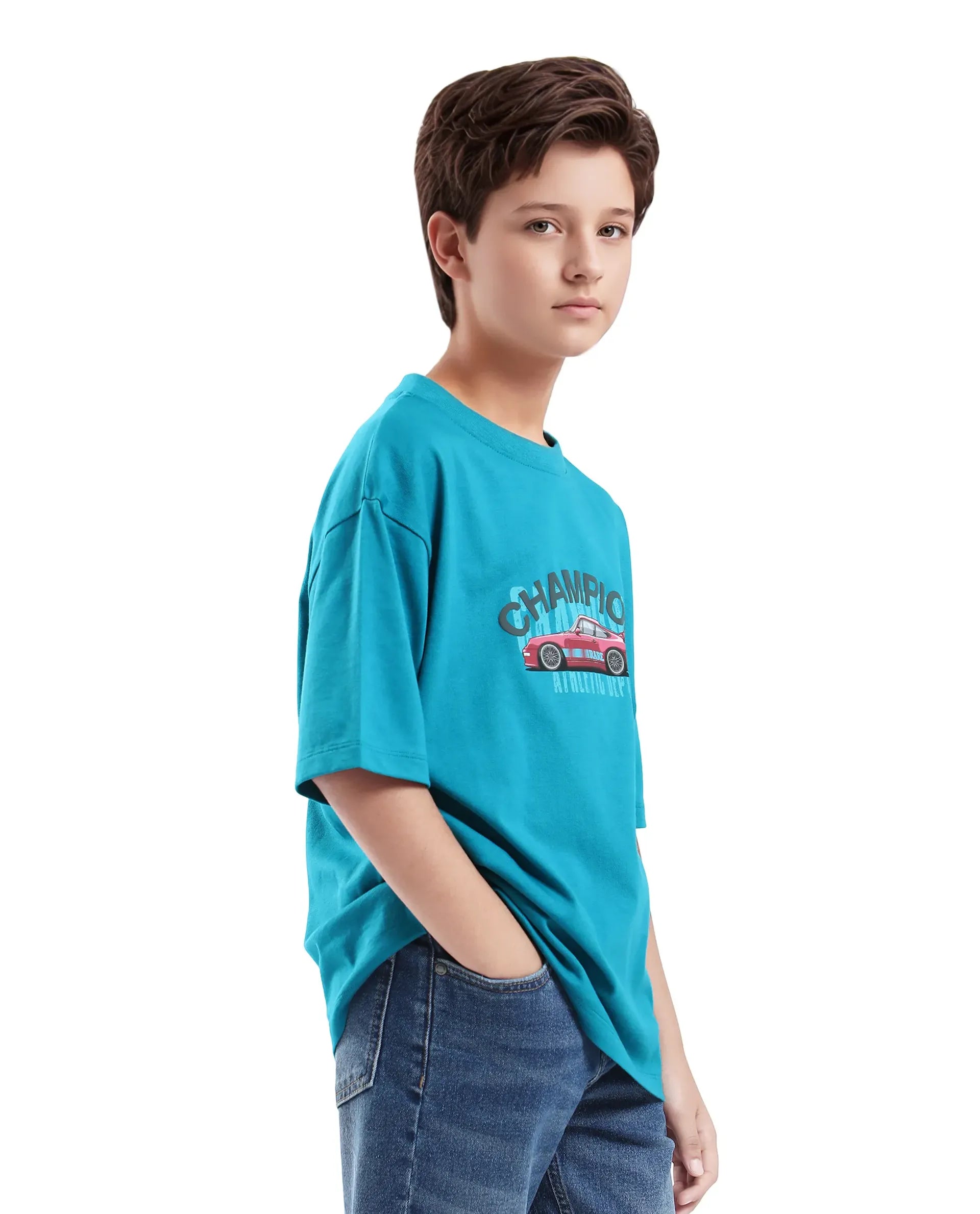 Rare Ones Kids Max Turq Cotton Graphic Print Slip-On Oversized Fit T-Shirt