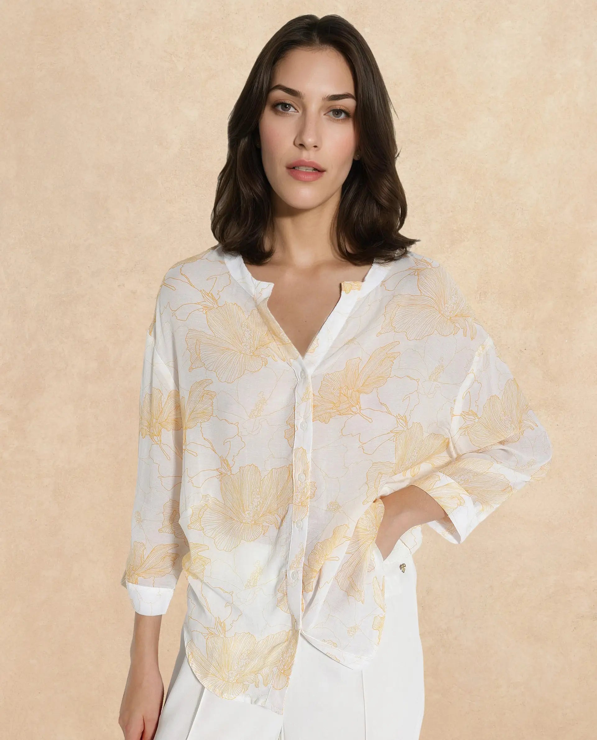Rareism Women Mayton Light Yellow Button Closure Cuffed Sleeve Mandarin Collar Relaxed Fit Floral Print Shirt