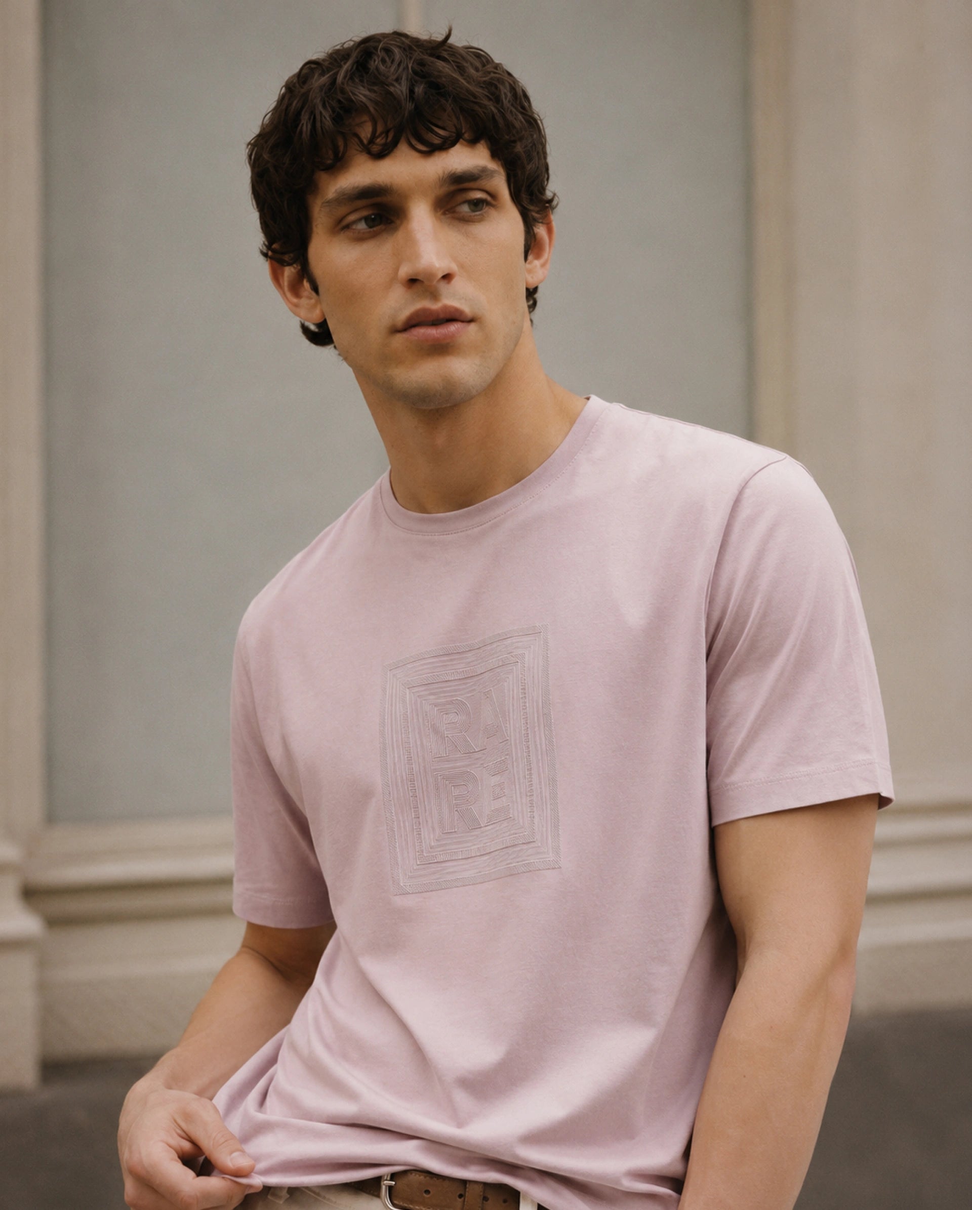 Rare Rabbit Men's Maze Dusky Pink Cotton Blend Crew Neck Regular Geometric Print T-Shirt
