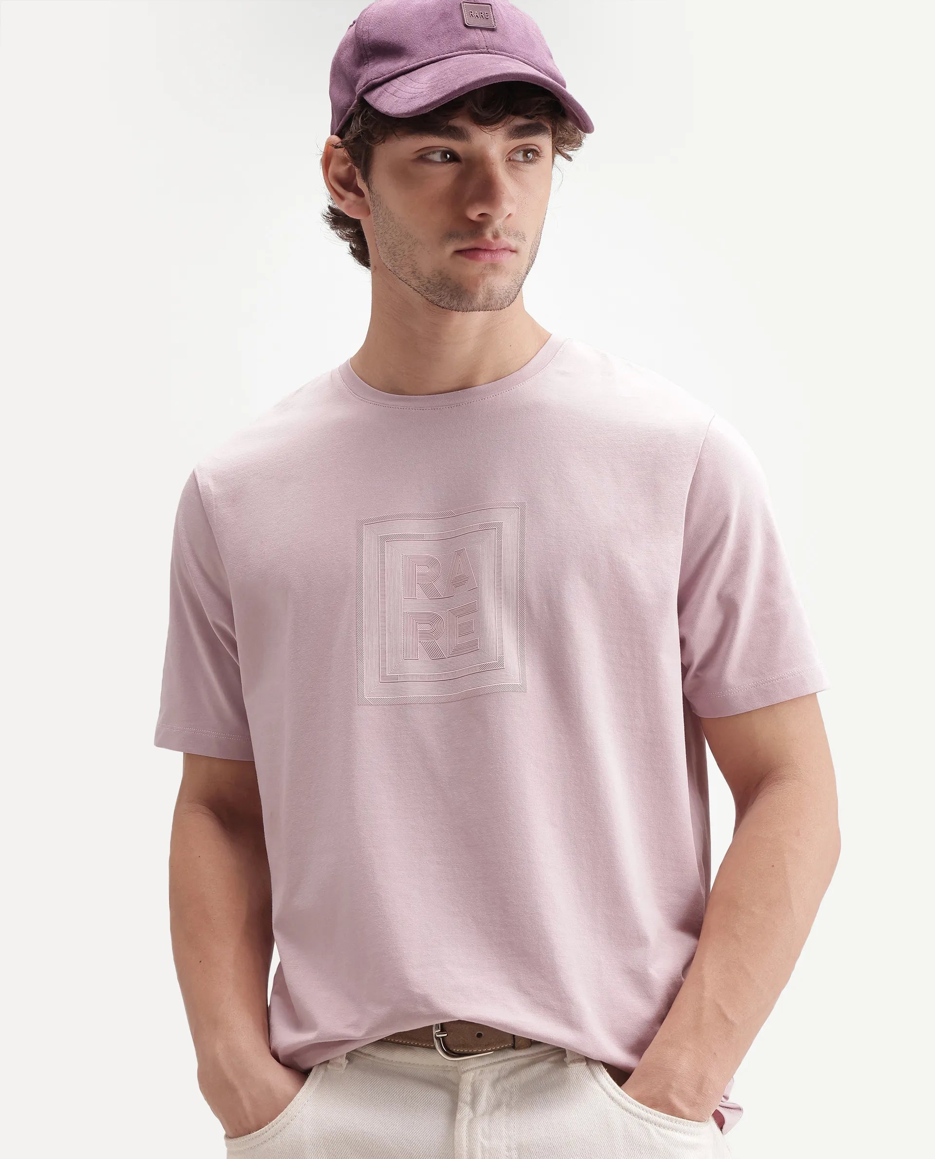 Rare Rabbit Men's Maze Dusky Pink Cotton Blend Crew Neck Regular Geometric Print T-Shirt