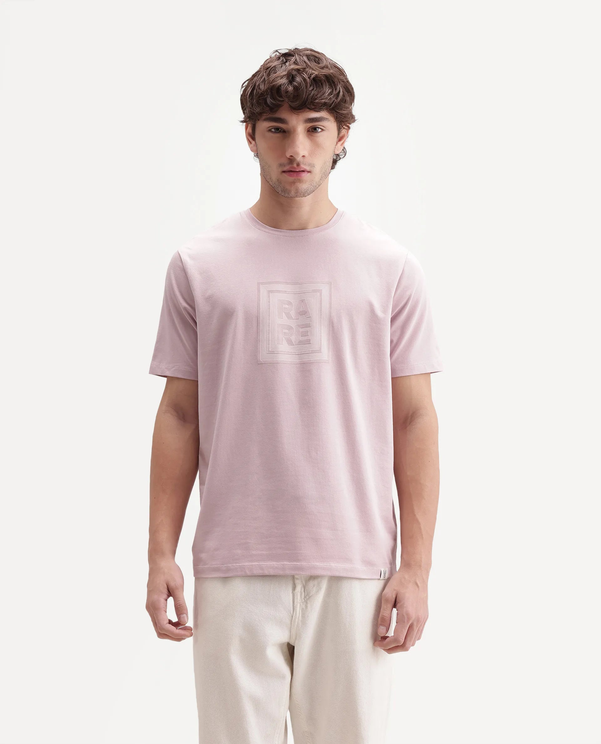 Rare Rabbit Men's Maze Dusky Pink Cotton Blend Crew Neck Regular Geometric Print T-Shirt