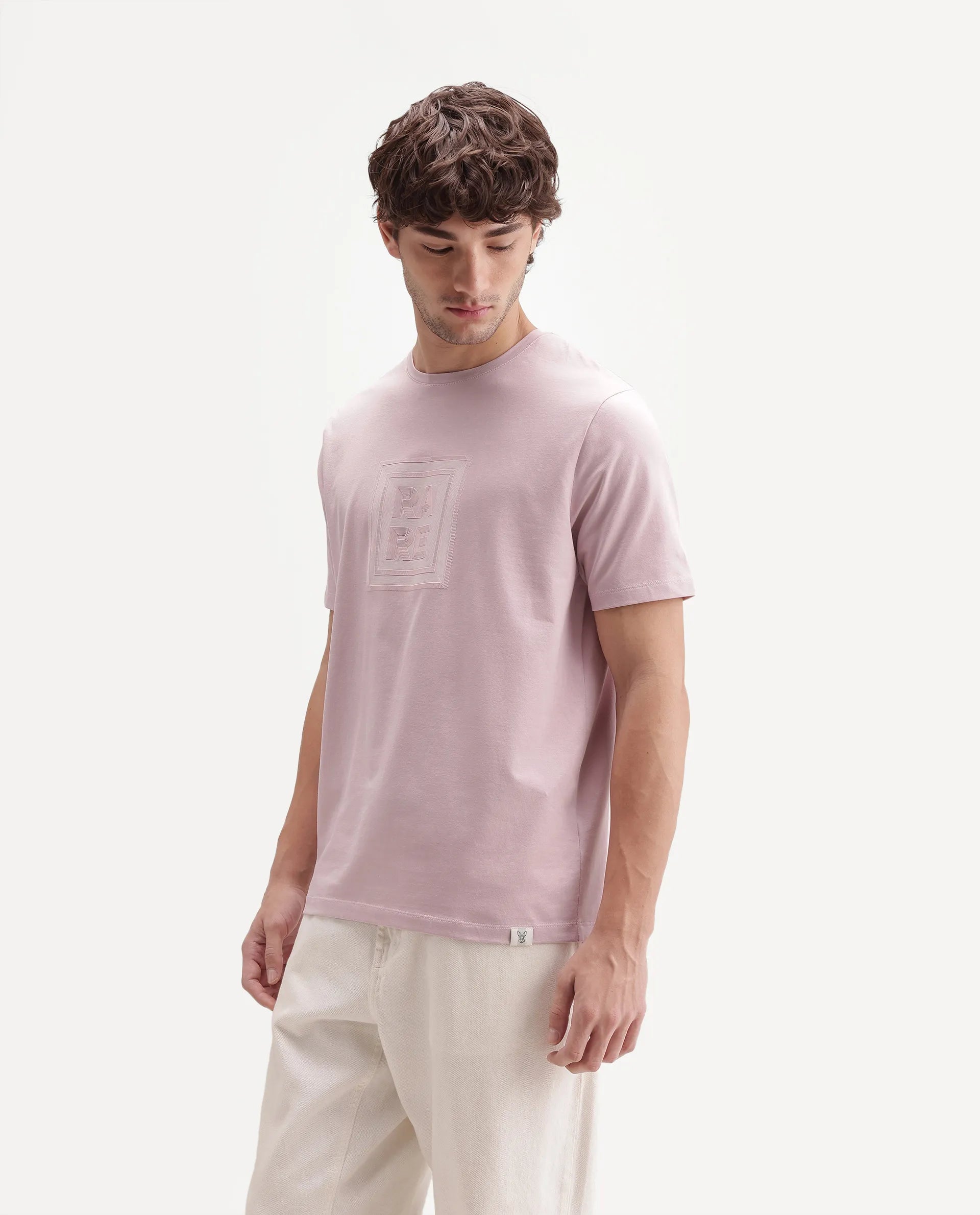 Rare Rabbit Men's Maze Dusky Pink Cotton Blend Crew Neck Regular Geometric Print T-Shirt