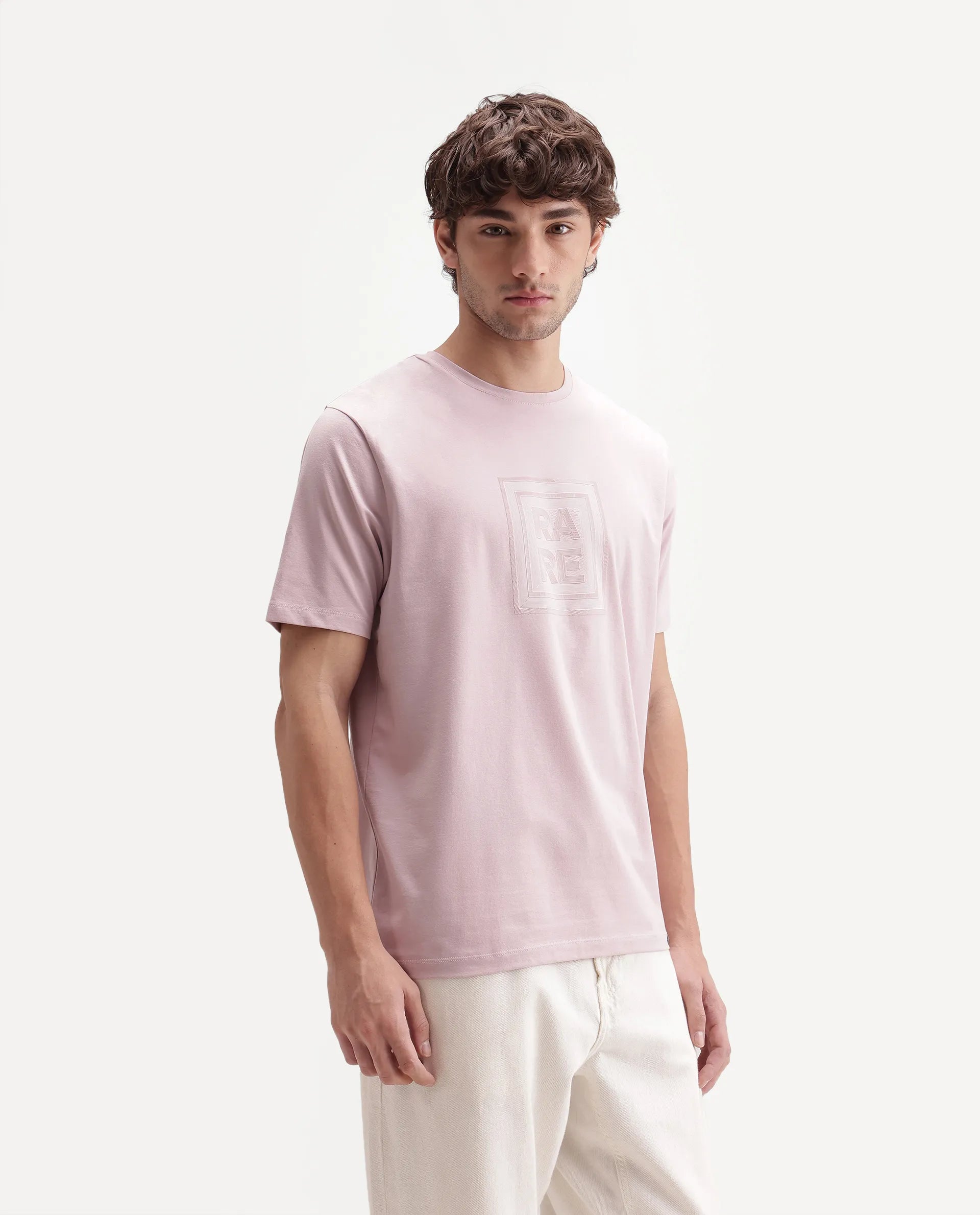 Rare Rabbit Men's Maze Dusky Pink Cotton Blend Crew Neck Regular Geometric Print T-Shirt