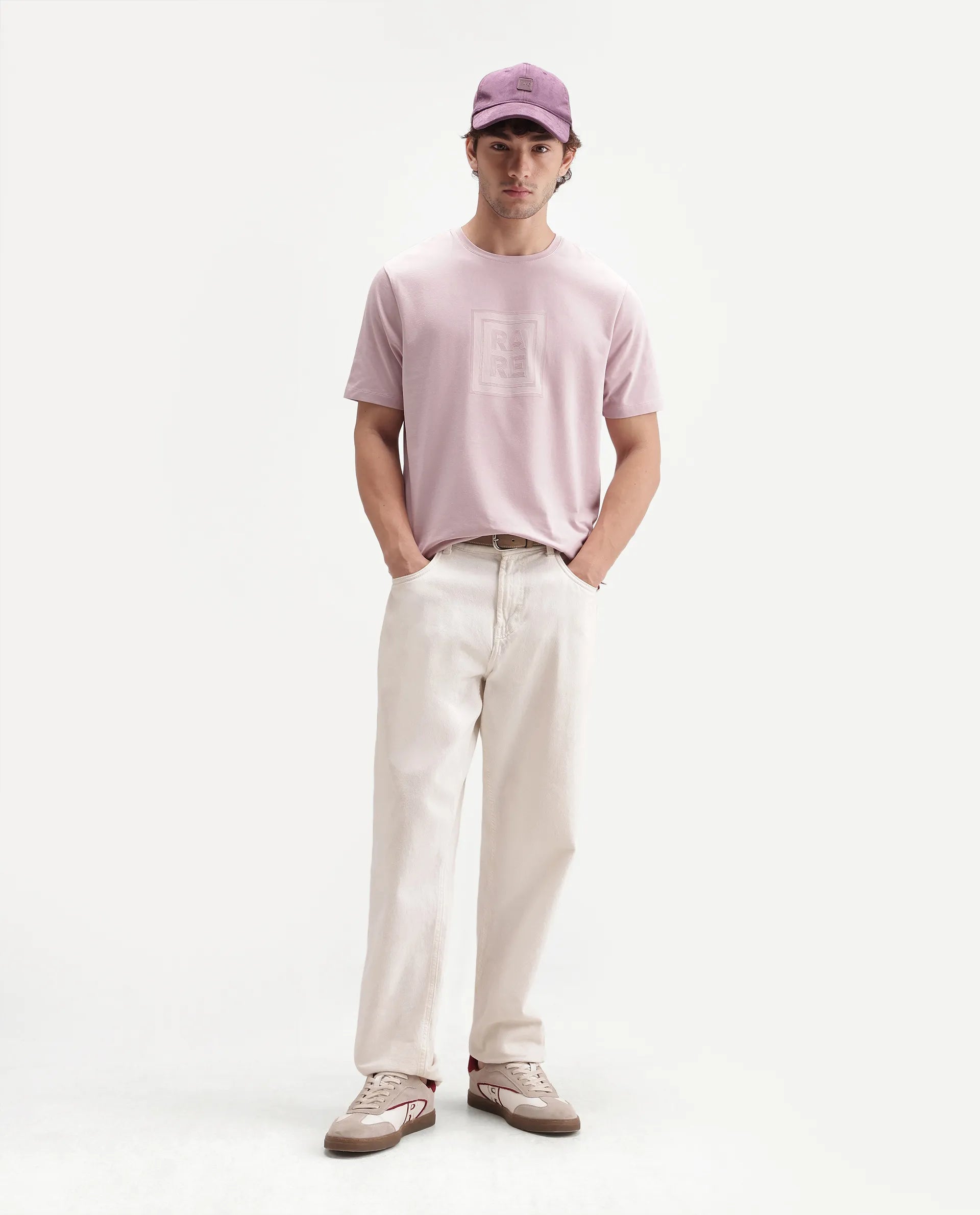 Rare Rabbit Men's Maze Dusky Pink Cotton Blend Crew Neck Regular Geometric Print T-Shirt