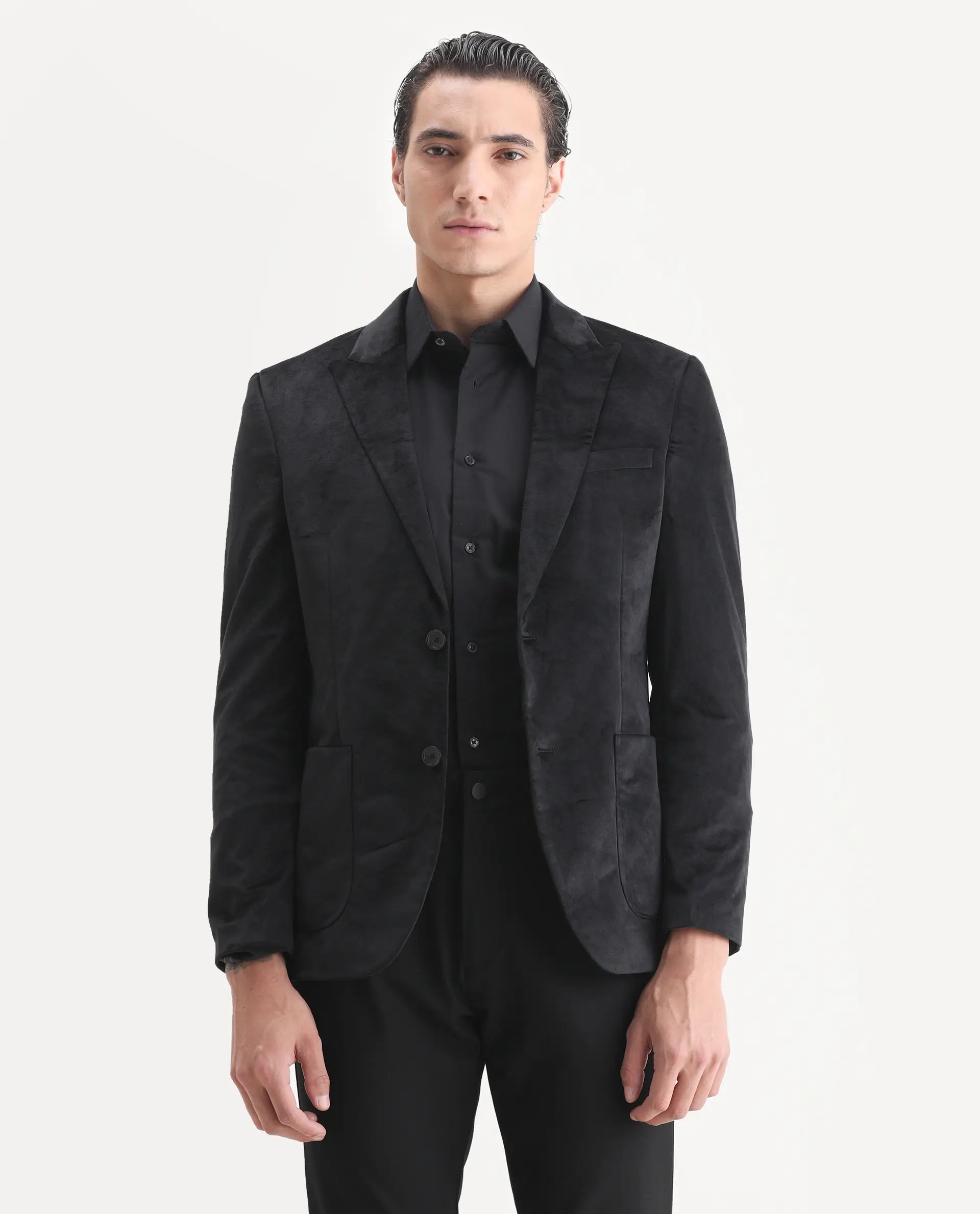 Rare Rabbit Men's Mazey Black Polyester Blend Plain Tailored Fit Full Sleeve Lapel Neck Blazer