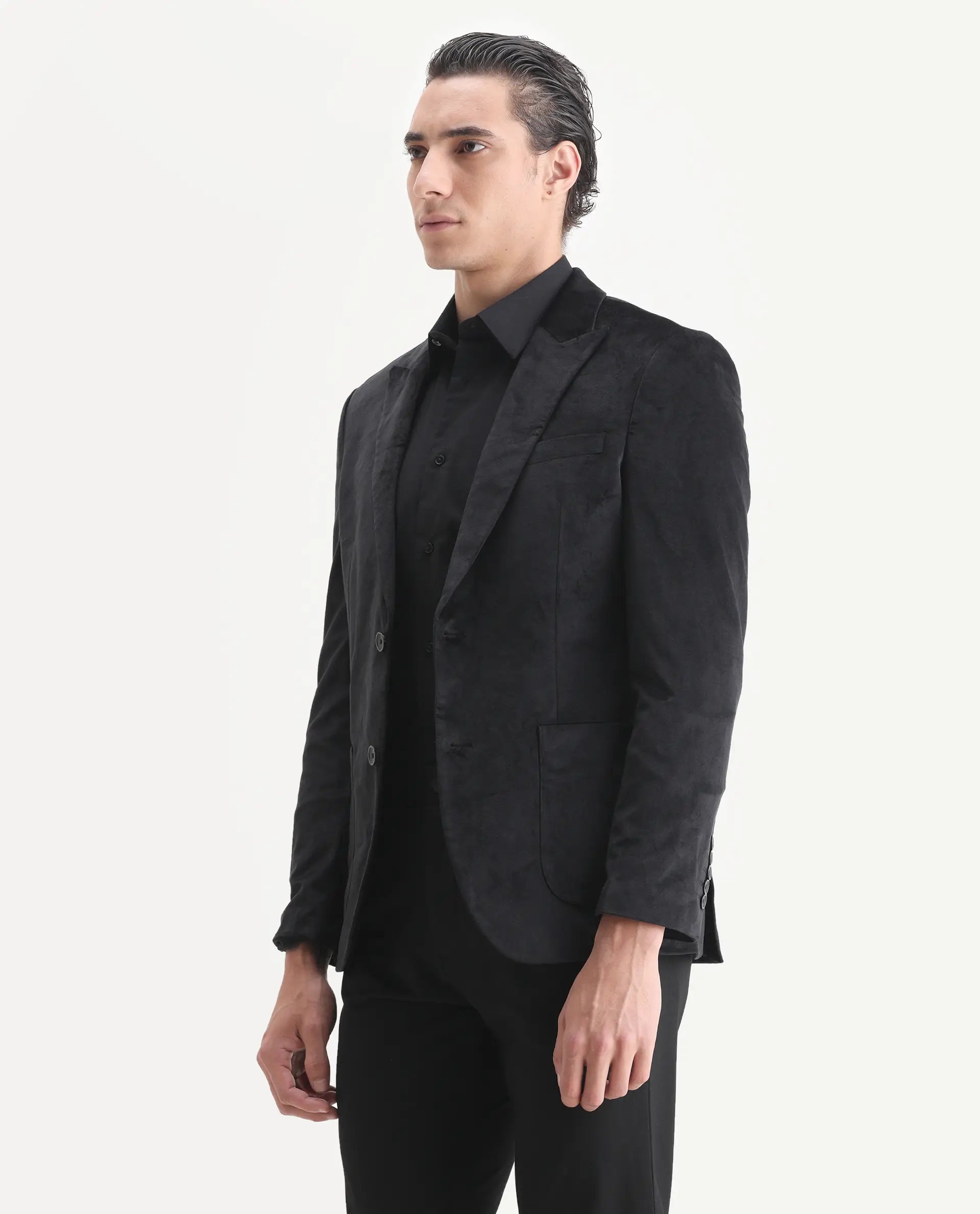 Rare Rabbit Men's Mazey Black Polyester Blend Plain Tailored Fit Full Sleeve Lapel Neck Blazer