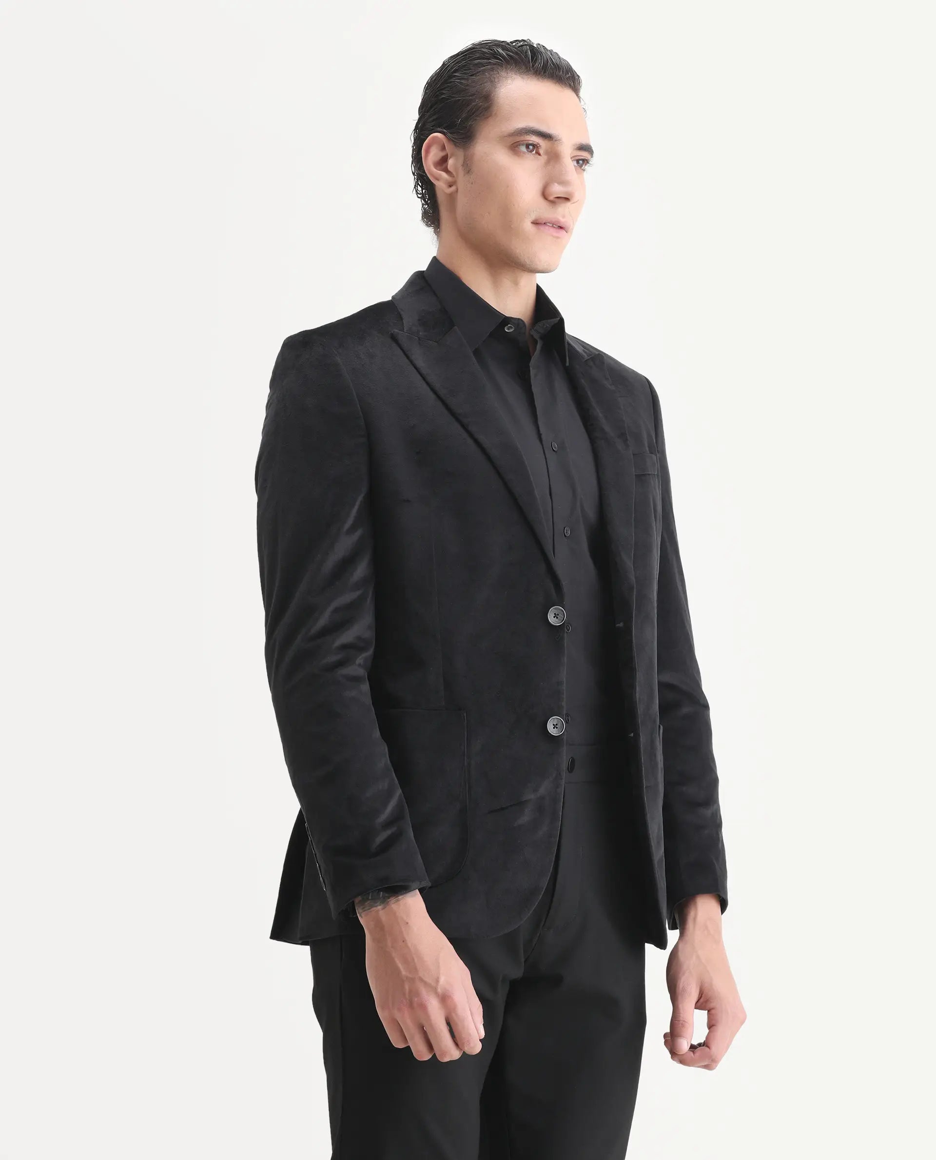Rare Rabbit Men's Mazey Black Polyester Blend Plain Tailored Fit Full Sleeve Lapel Neck Blazer