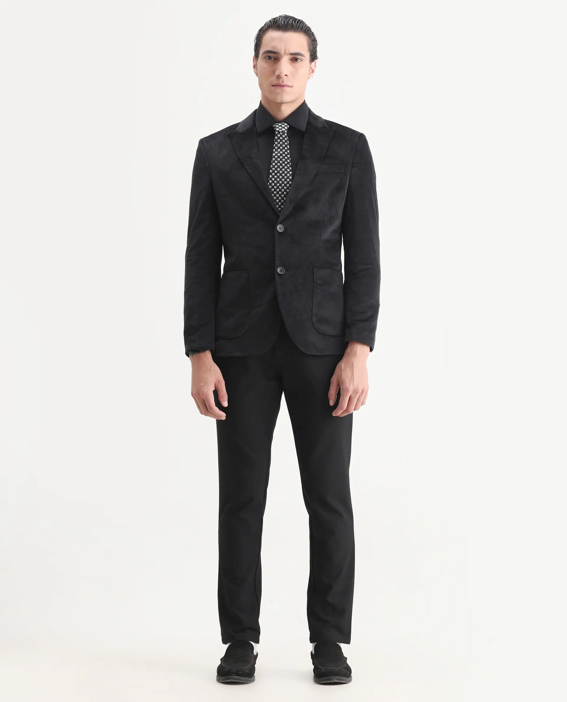 Rare Rabbit Men's Mazey Black Polyester Blend Plain Tailored Fit Full Sleeve Lapel Neck Blazer
