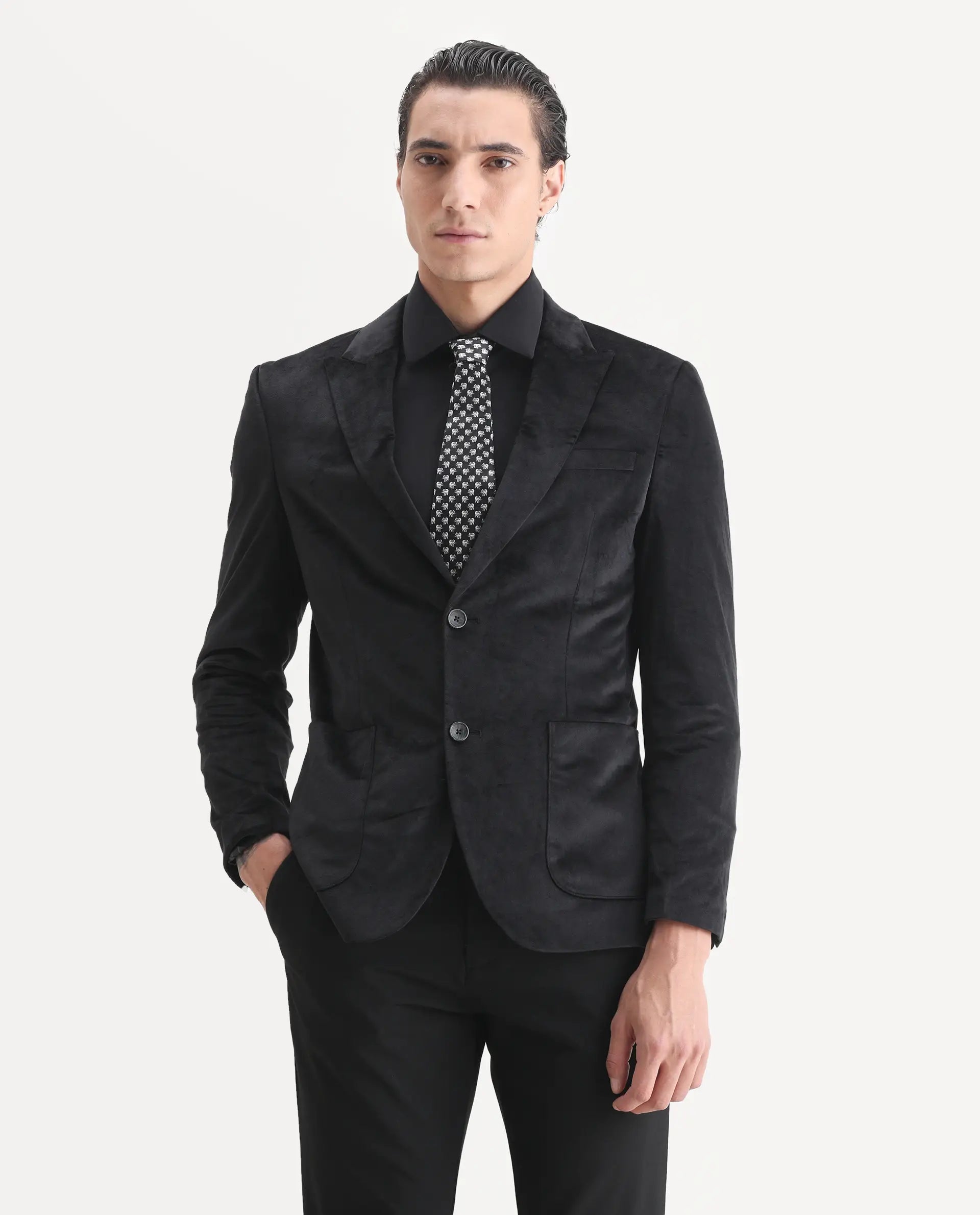 Rare Rabbit Men's Mazey Black Polyester Blend Plain Tailored Fit Full Sleeve Lapel Neck Blazer
