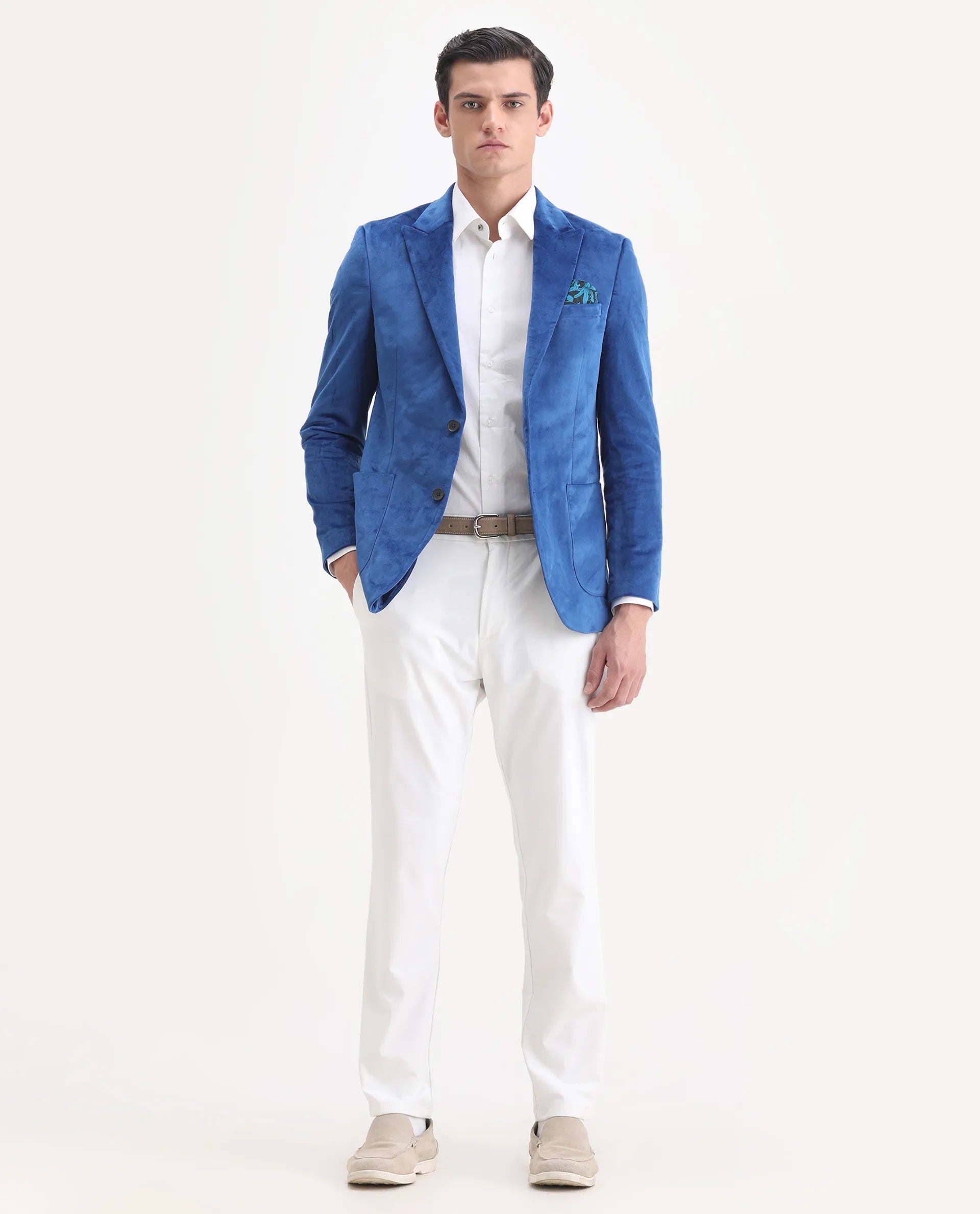 Rare Rabbit Men's Mazey Blue Velvet Plain Tailored Fit Full Sleeve Lapel Neck Blazer