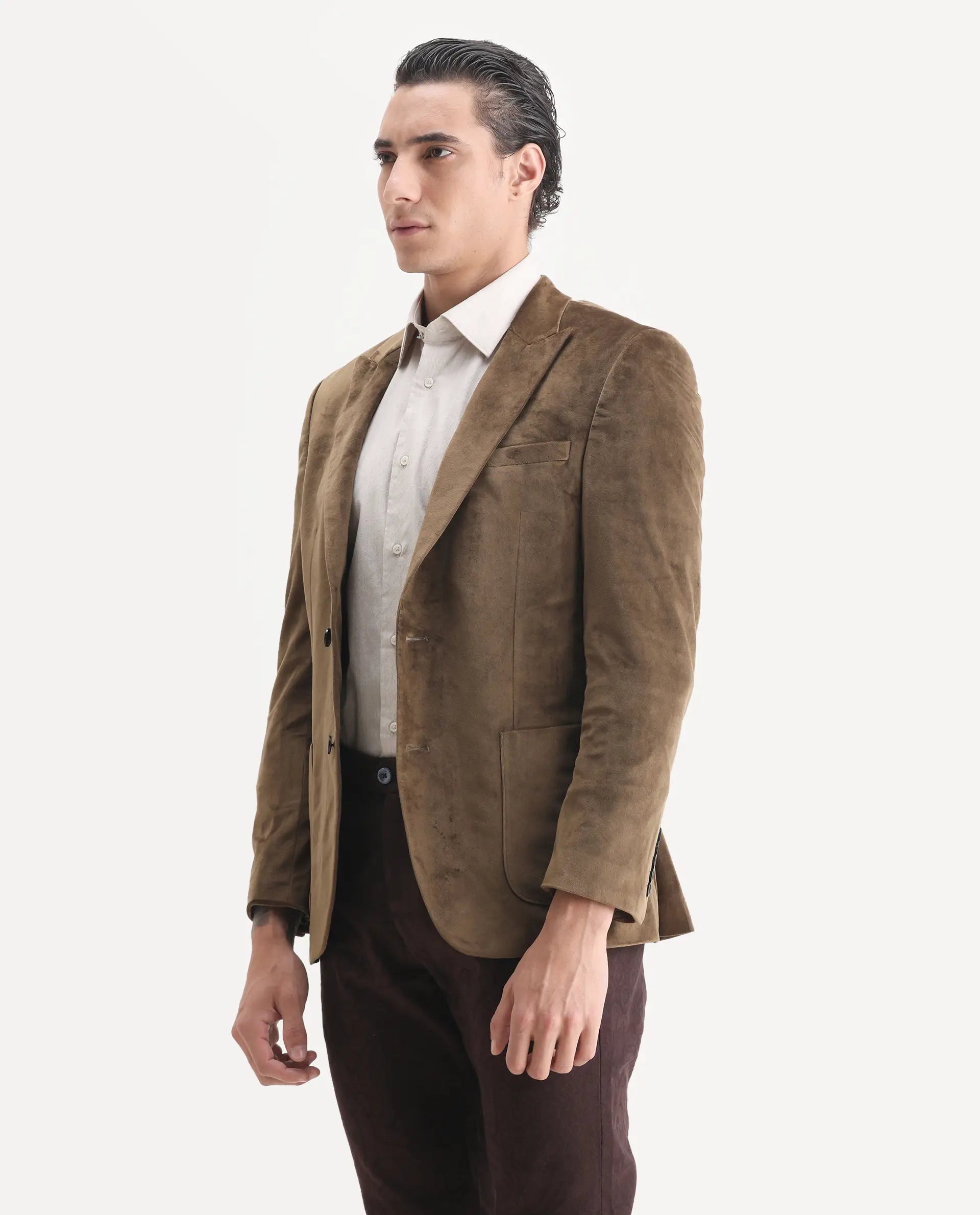 Rare Rabbit Men's Mazey Olive Plain Tailored Fit Full Sleeve Lapel Neck Blazer