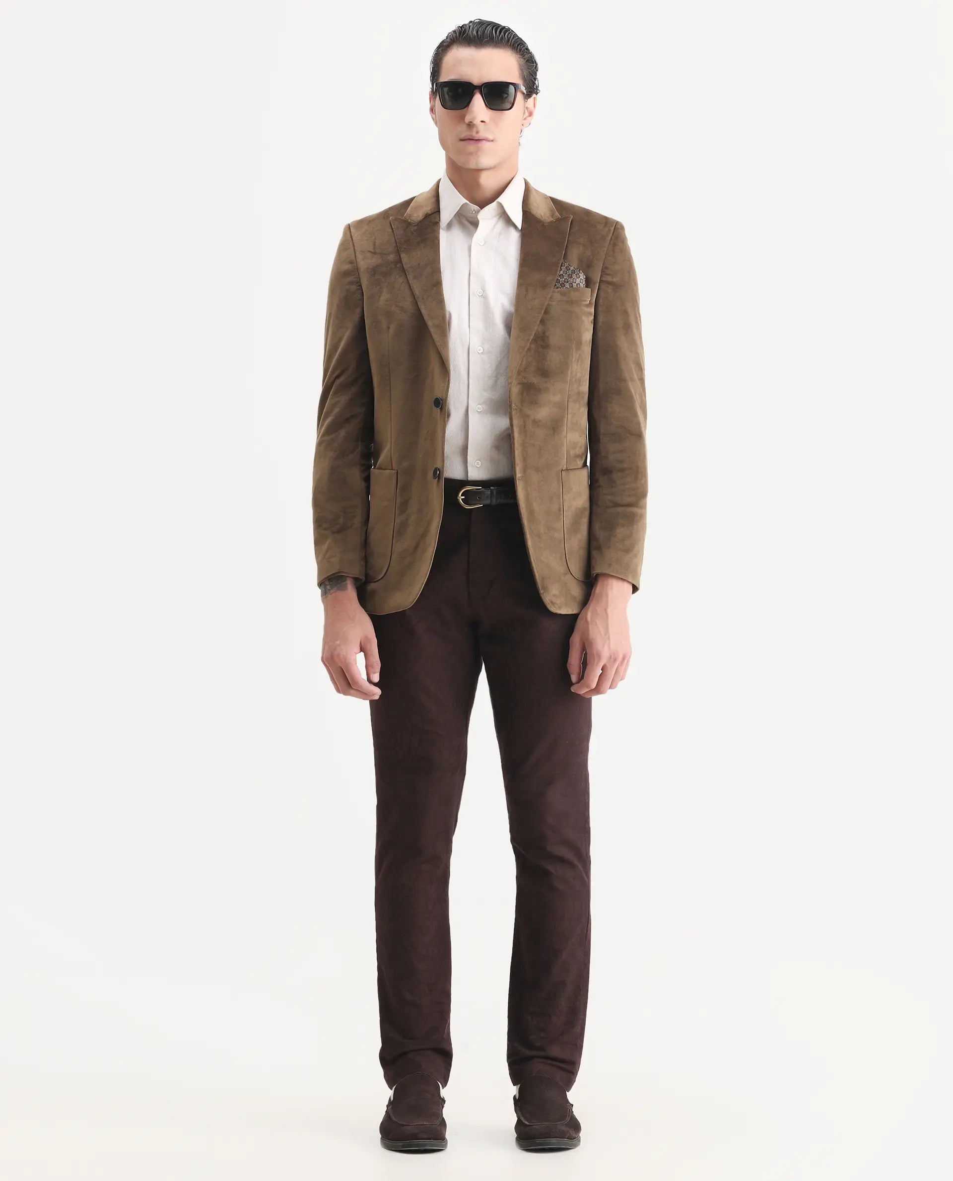 Rare Rabbit Men's Mazey Olive Plain Tailored Fit Full Sleeve Lapel Neck Blazer