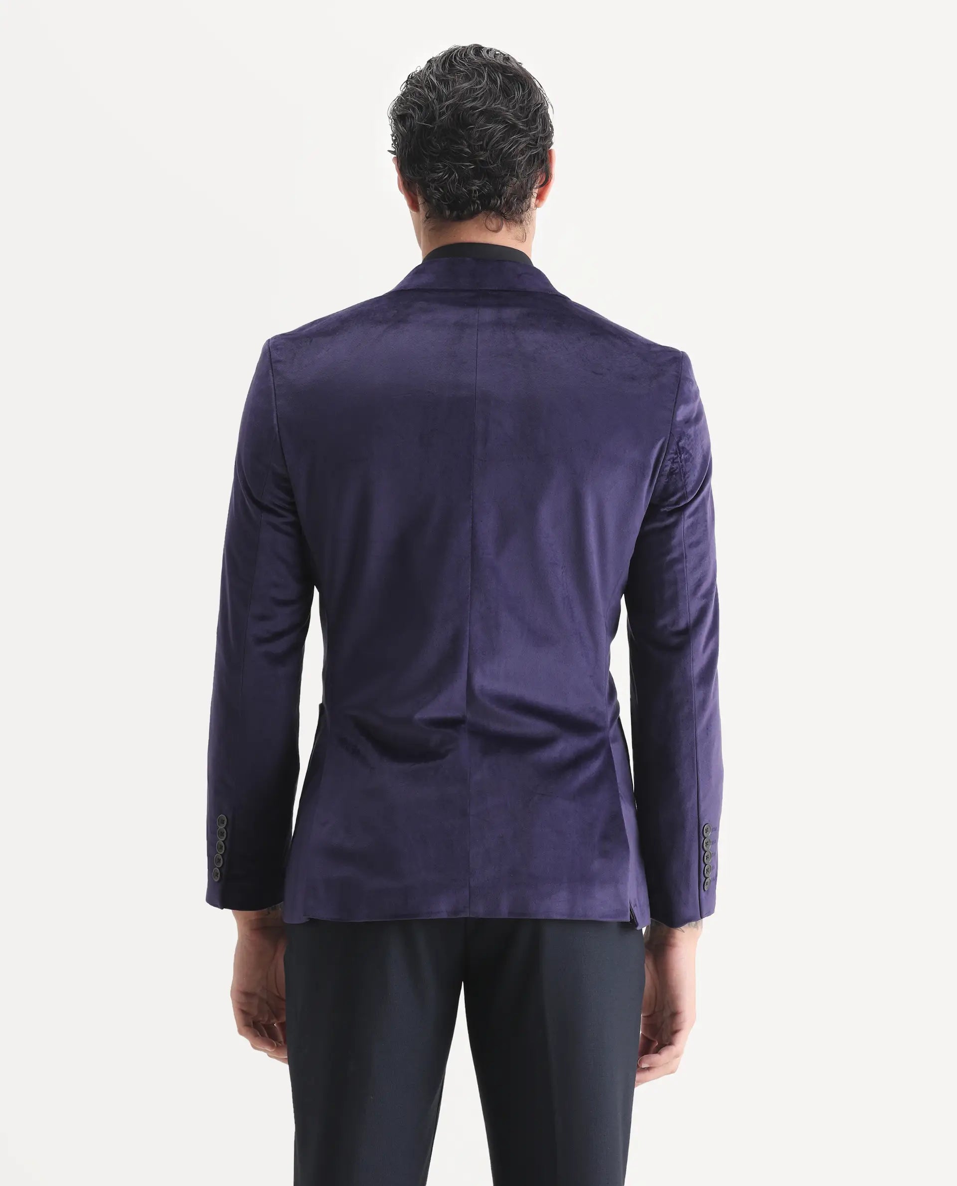 Rare Rabbit Men's Mazey Purple Velvet Plain Tailored Fit Full Sleeve Lapel Neck Blazer