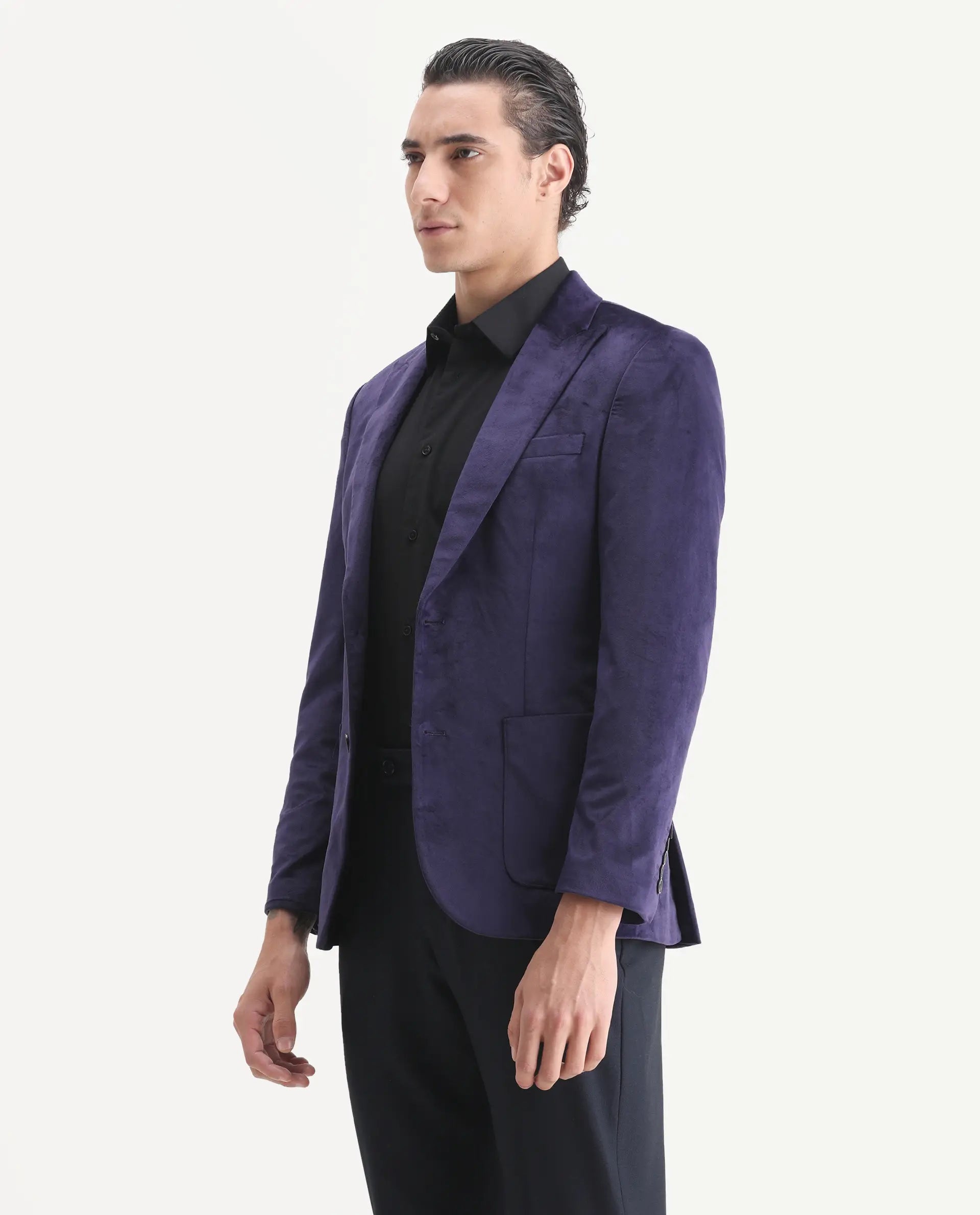 Rare Rabbit Men's Mazey Purple Velvet Plain Tailored Fit Full Sleeve Lapel Neck Blazer