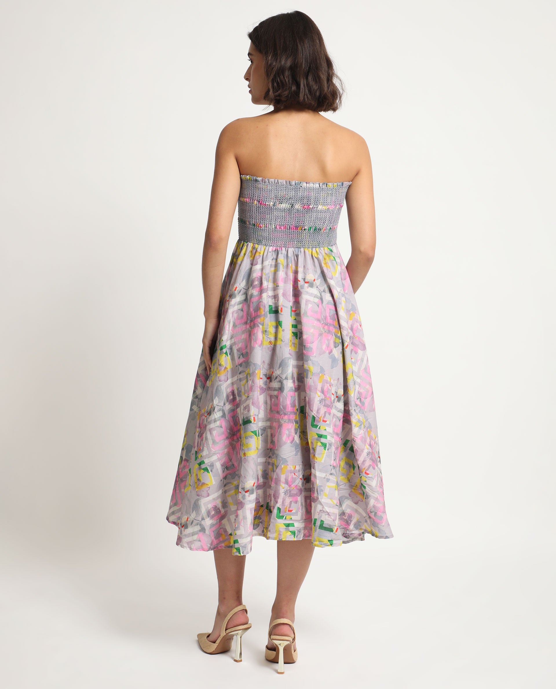 Rareism Women Mazon Multi Cotton Fabric Sleeveless Tube Neck Shoulder Straps Fit And Flare Floral Print Midi Empire Dress