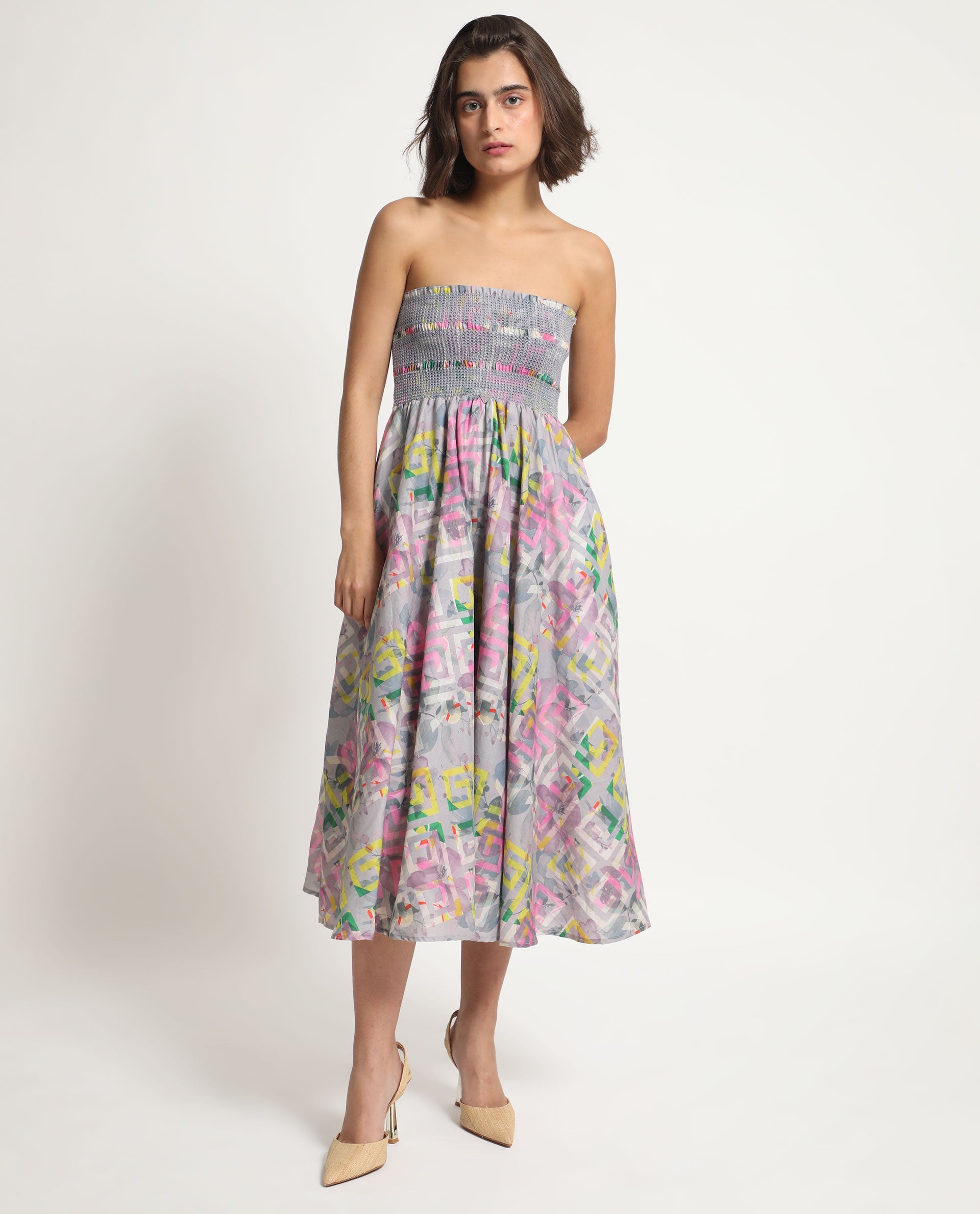 Rareism Women Mazon Multi Cotton Fabric Sleeveless Tube Neck Shoulder Straps Fit And Flare Floral Print Midi Empire Dress