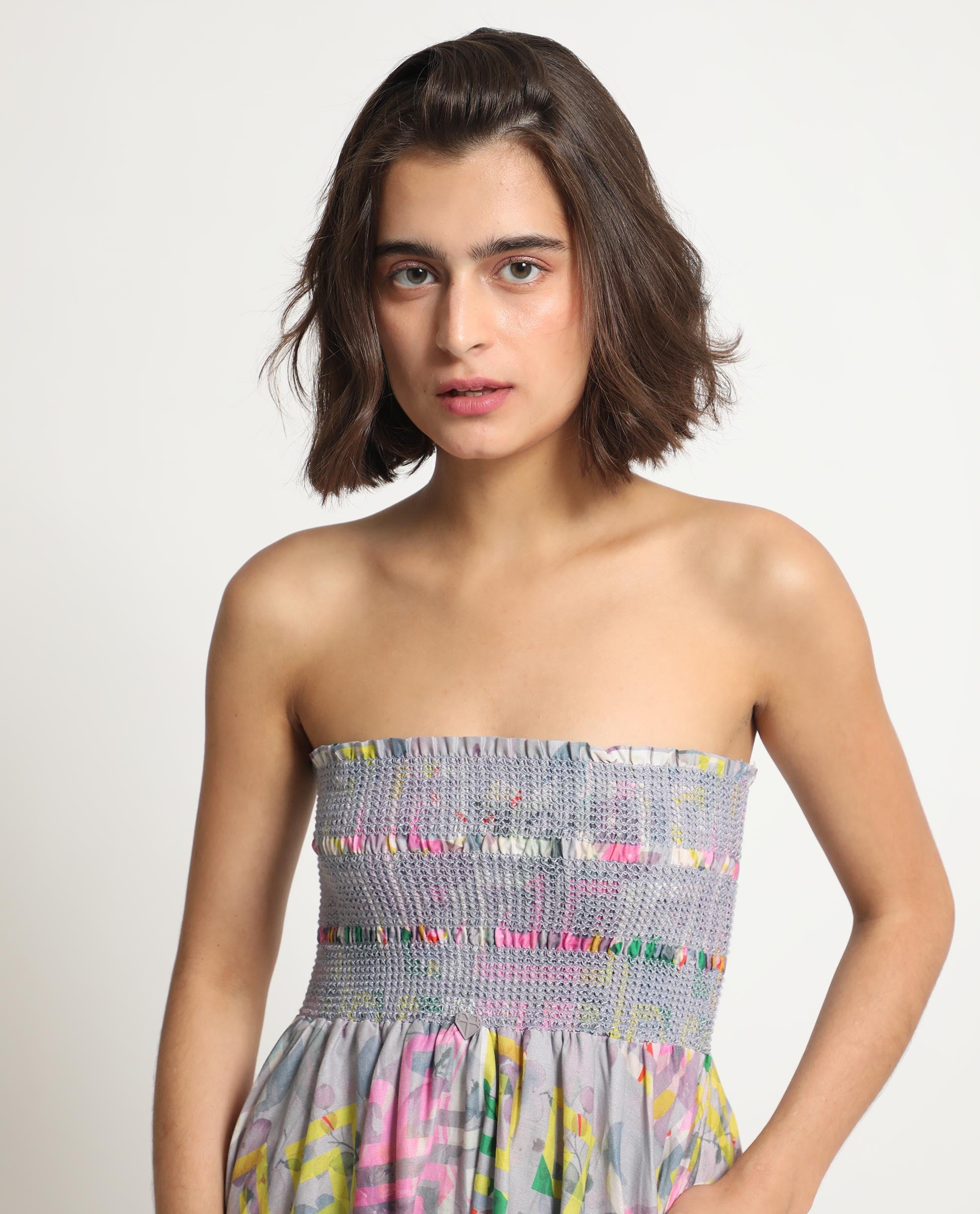 Rareism Women Mazon Multi Cotton Fabric Sleeveless Tube Neck Shoulder Straps Fit And Flare Floral Print Midi Empire Dress