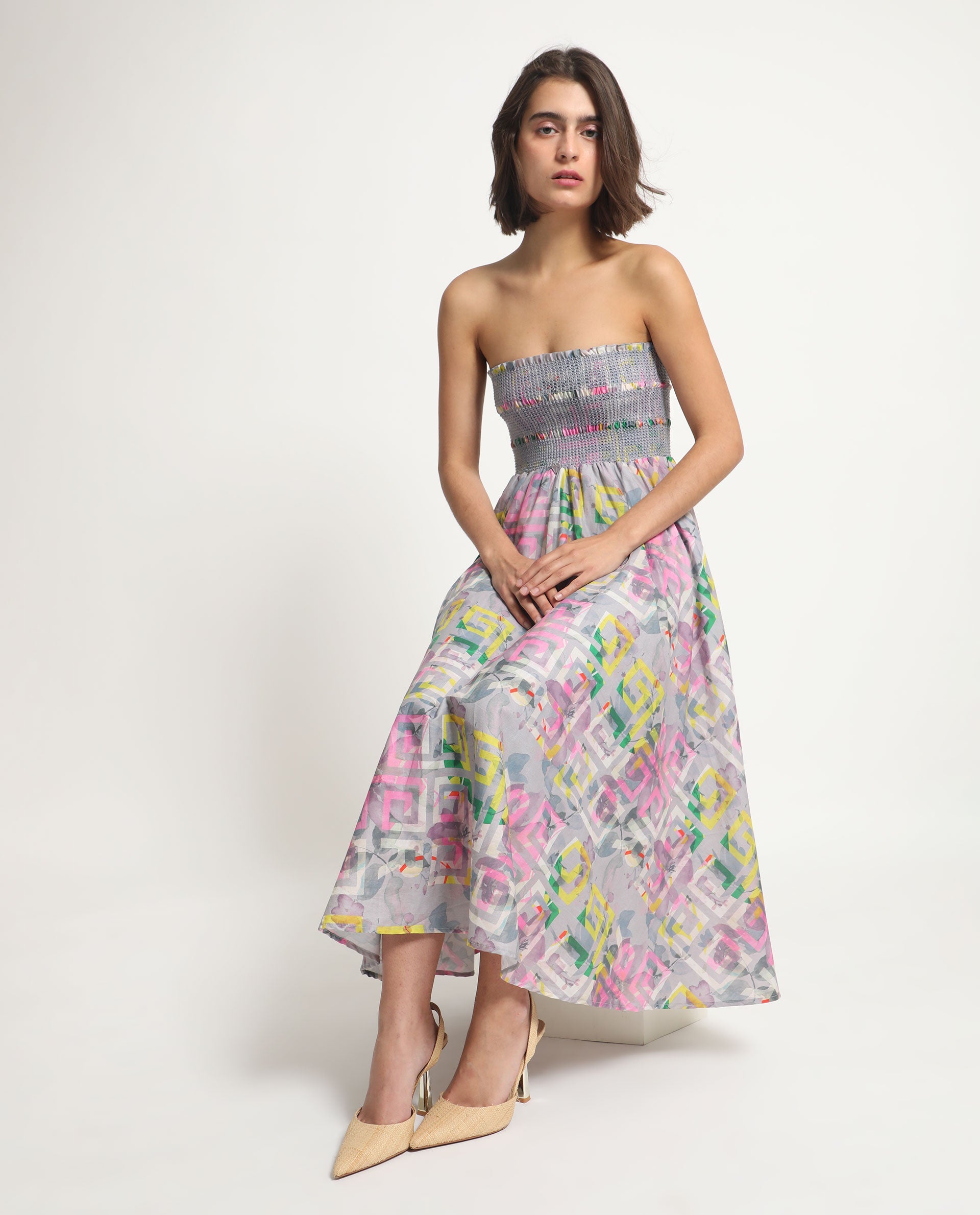 Rareism Women Mazon Multi Cotton Fabric Sleeveless Tube Neck Shoulder Straps Fit And Flare Floral Print Midi Empire Dress