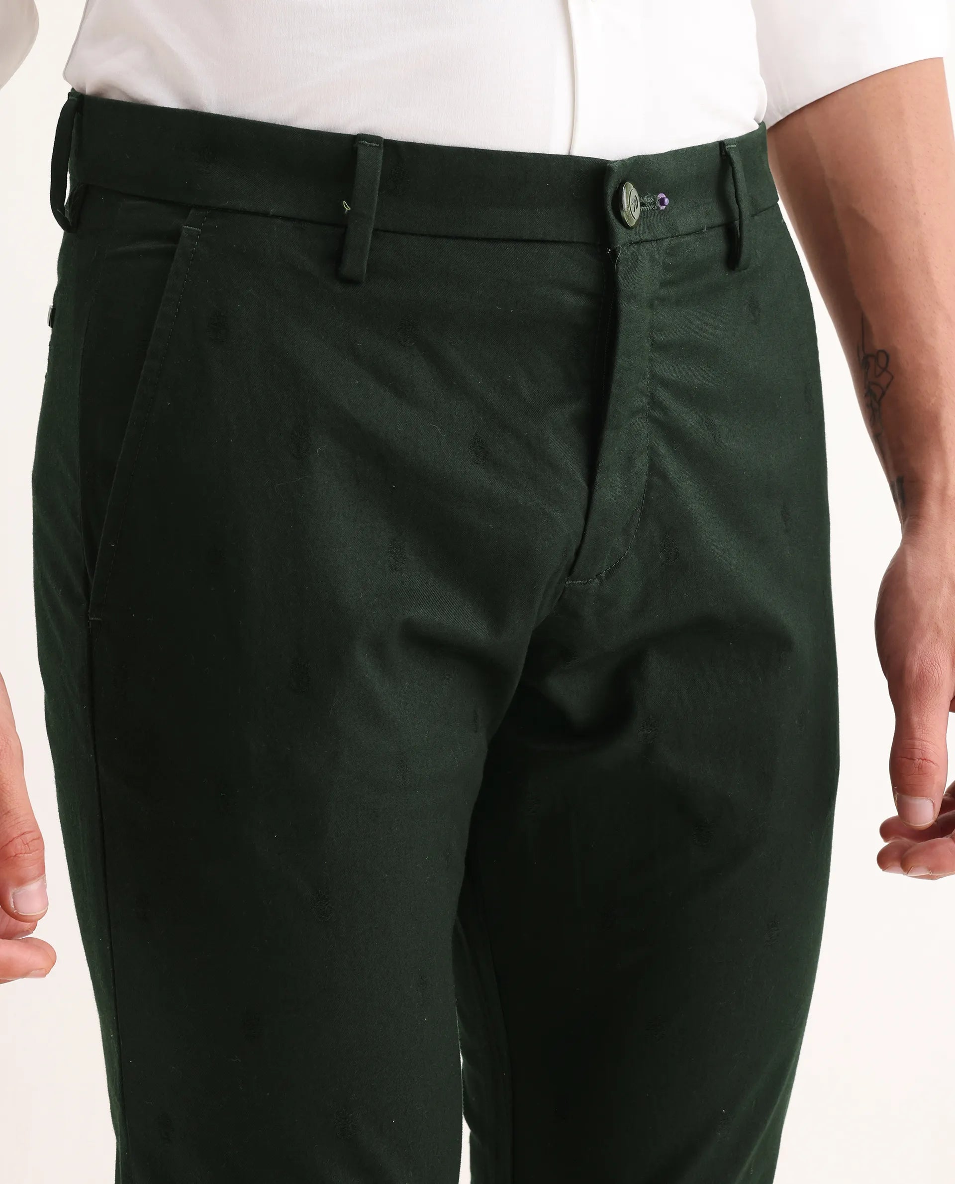 Rare Rabbit Men's Mazzio Green Cotton Jacquard Slim Fit Trouser