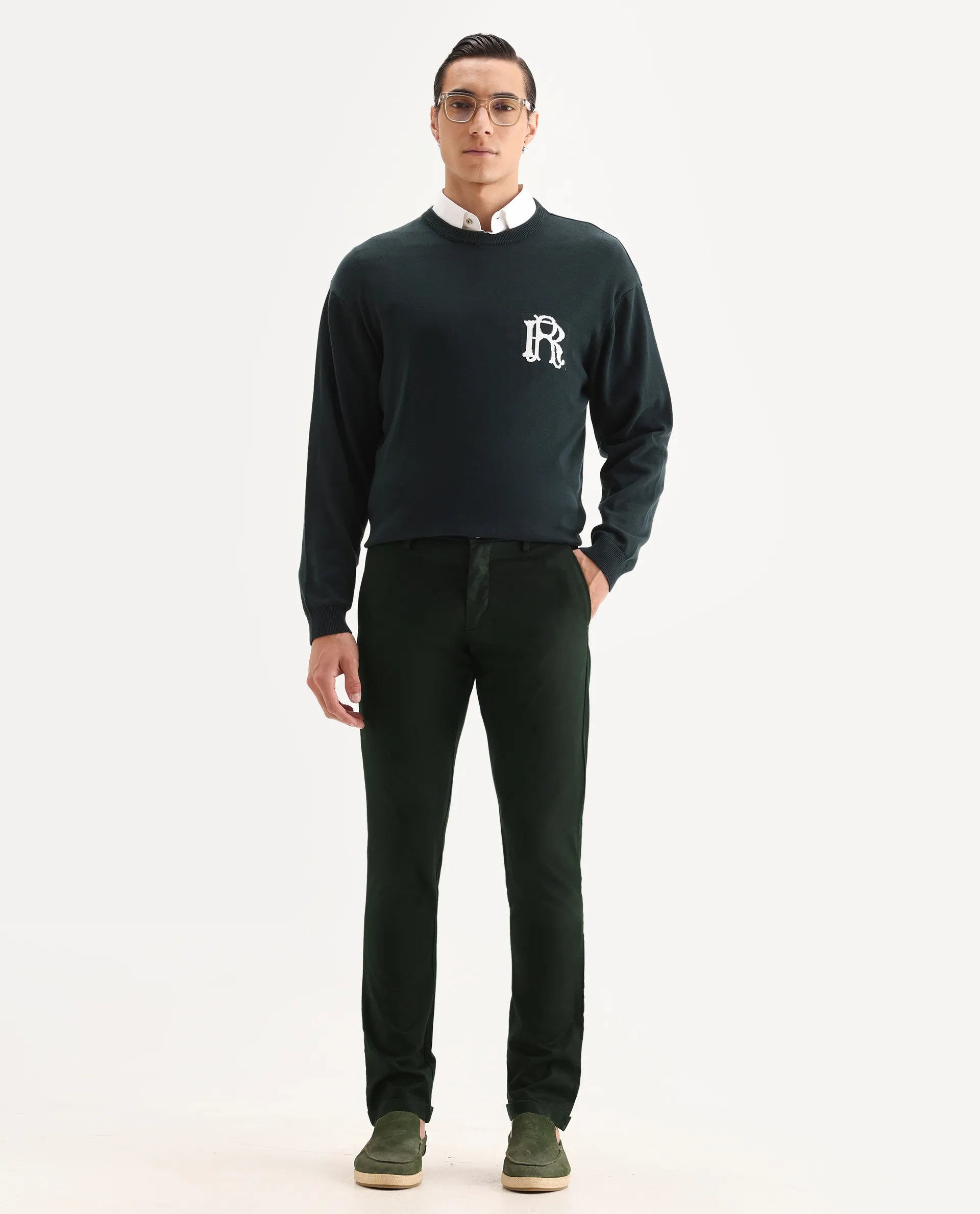 Rare Rabbit Men's Mazzio Green Cotton Jacquard Slim Fit Trouser