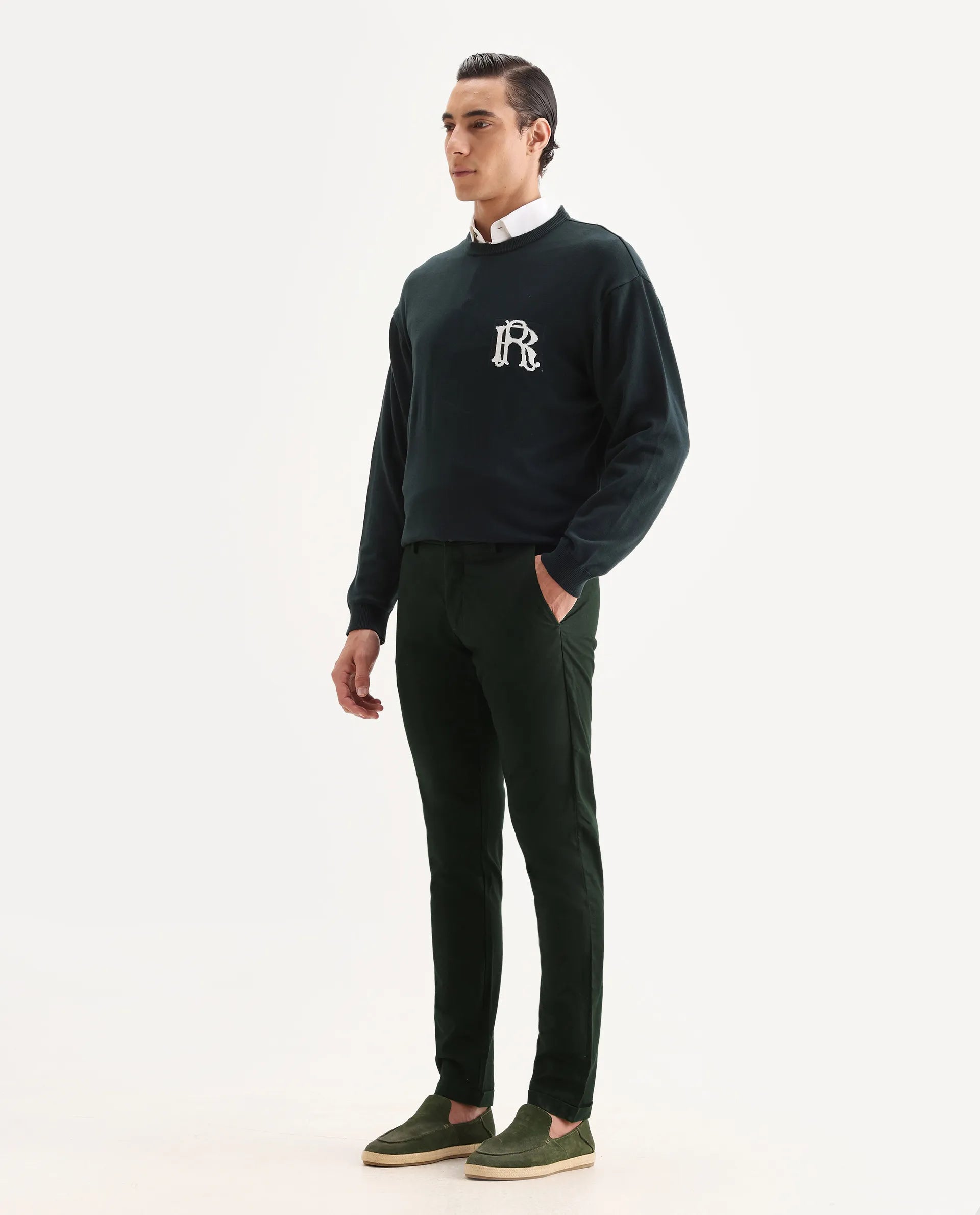 Rare Rabbit Men's Mazzio Green Cotton Jacquard Slim Fit Trouser