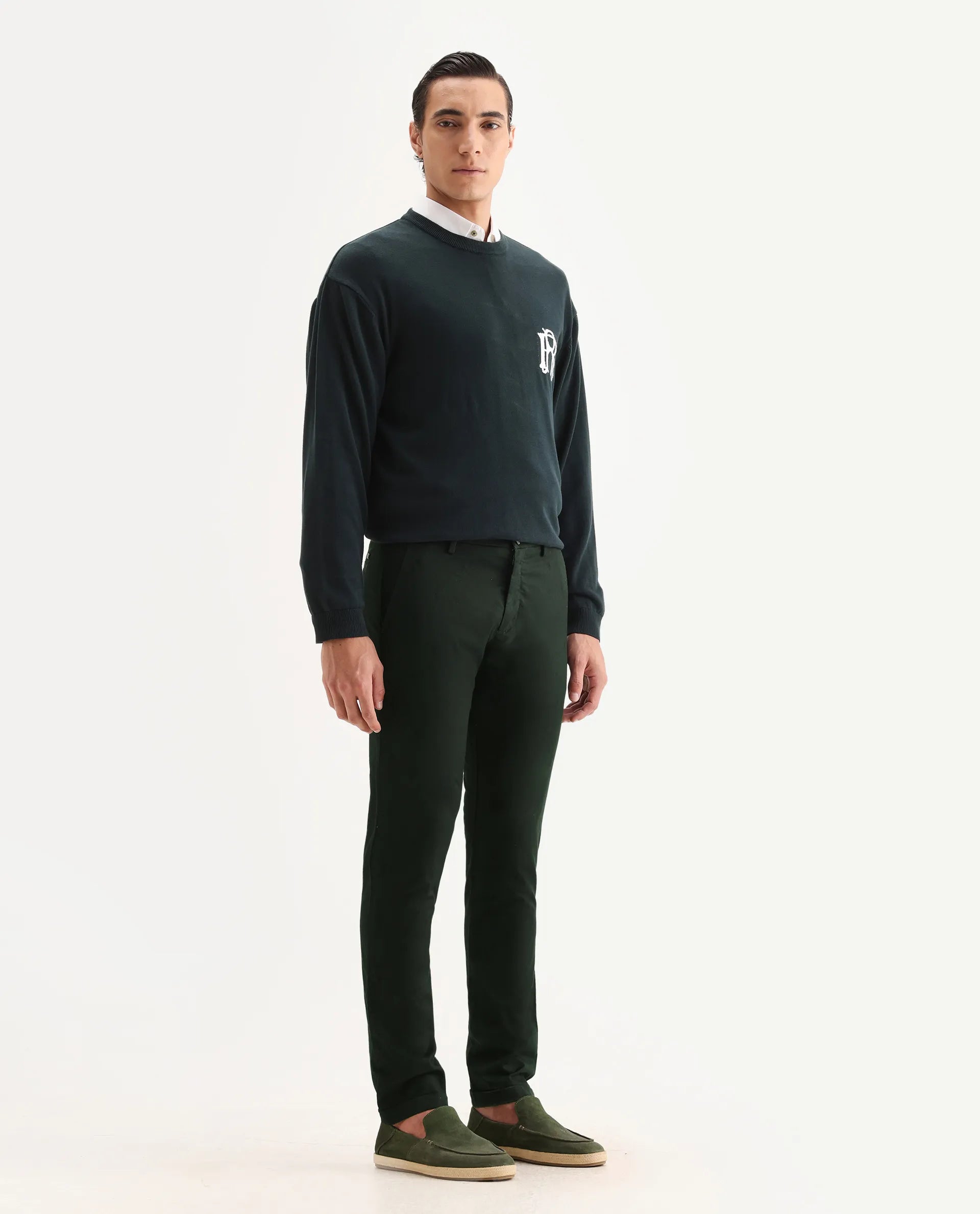 Rare Rabbit Men's Mazzio Green Cotton Jacquard Slim Fit Trouser