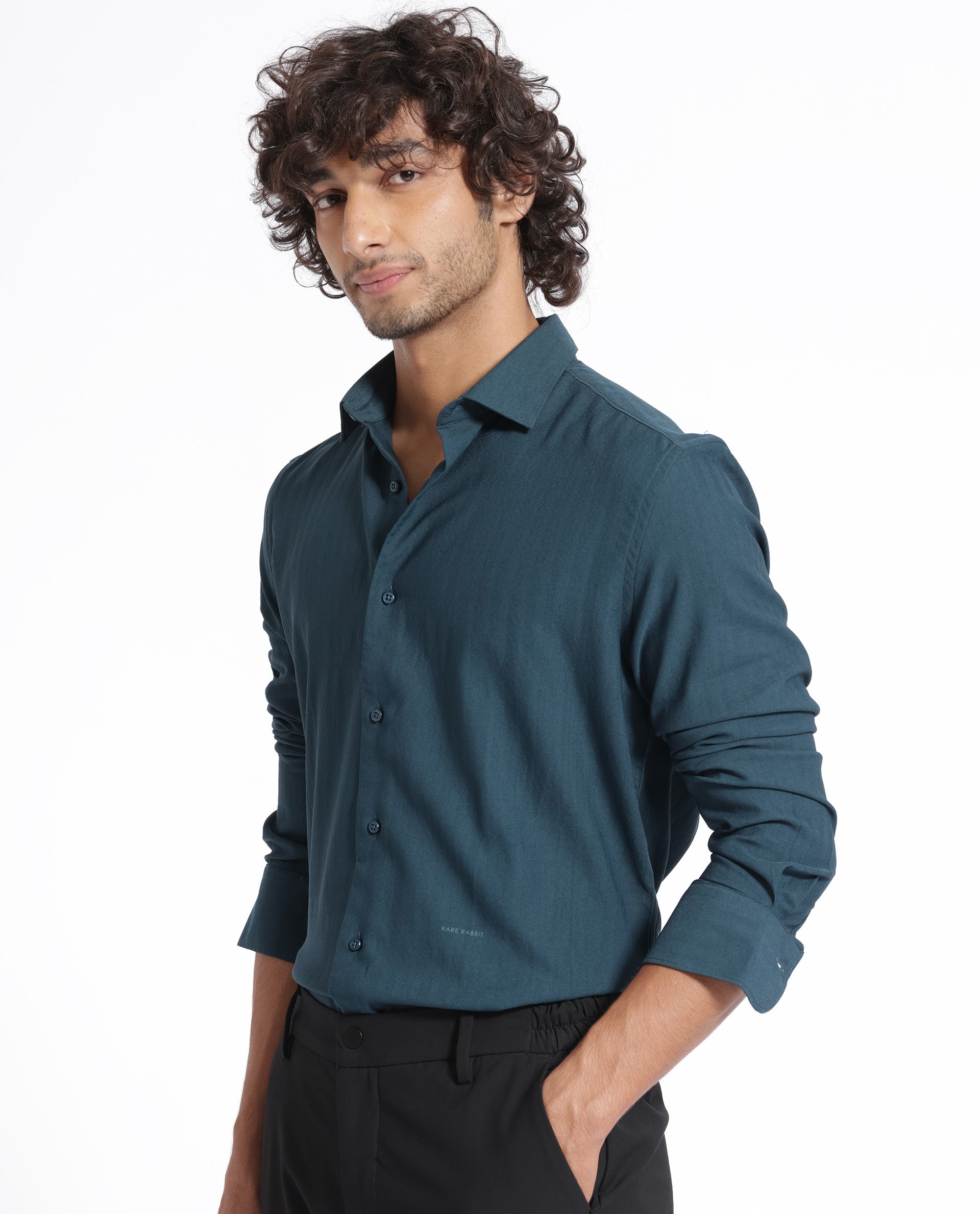 Rare Rabbit Men's Me Green Cotton Polyester Fabric Full Sleeves Solid Shirt