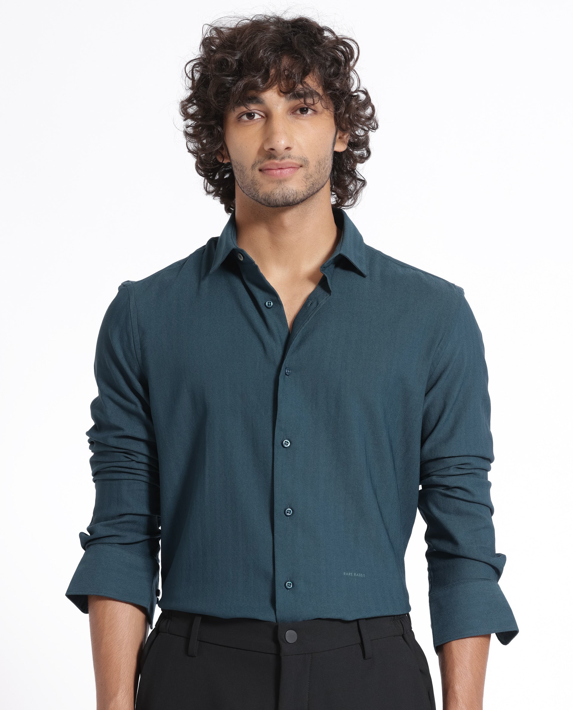 Rare Rabbit Men's Me Green Cotton Polyester Fabric Full Sleeves Solid Shirt