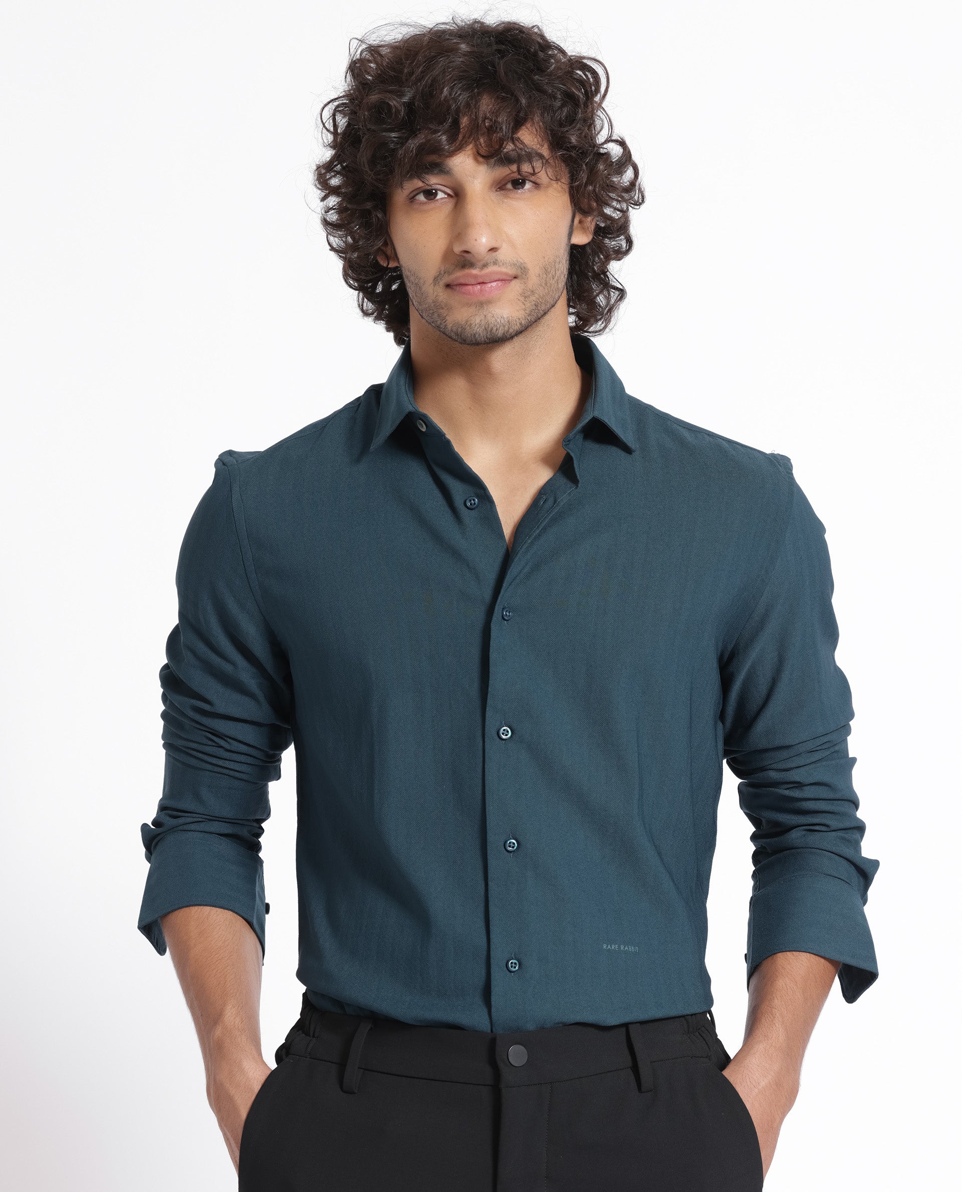 Rare Rabbit Men's Me Green Cotton Polyester Fabric Full Sleeves Solid Shirt