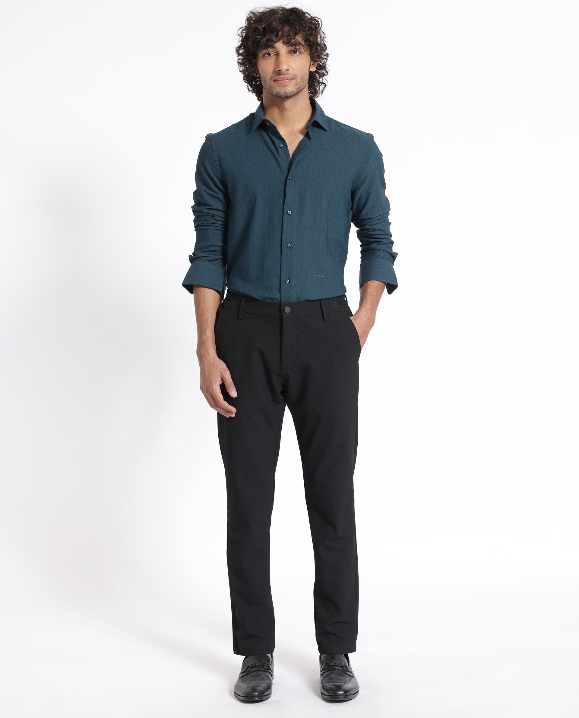 Rare Rabbit Men's Me Green Cotton Polyester Fabric Full Sleeves Solid Shirt