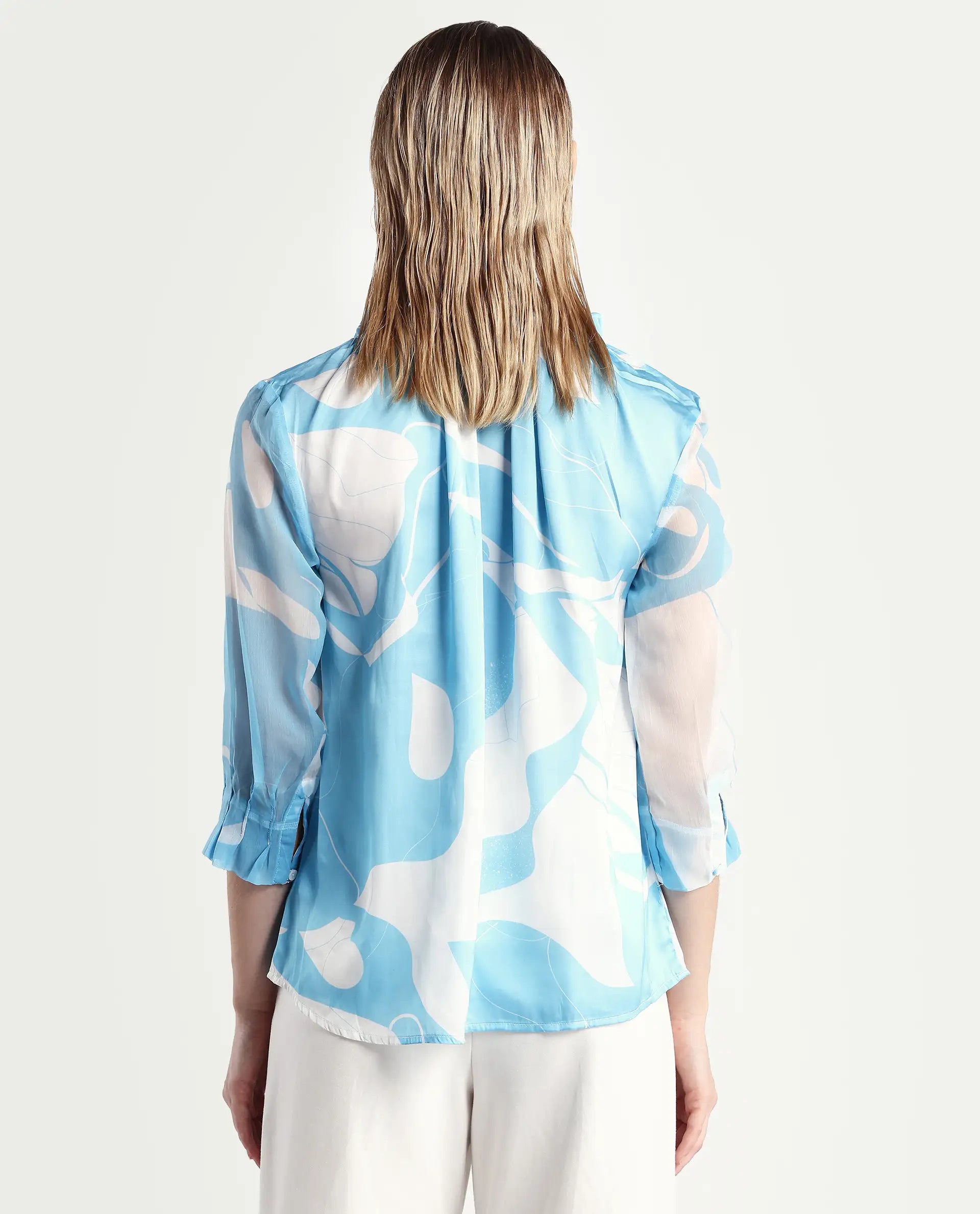 Rareism Women's Meara Blue Polyester Tie-Up Neck Abstract Print Ruffled Sleeve Regular Fit Top