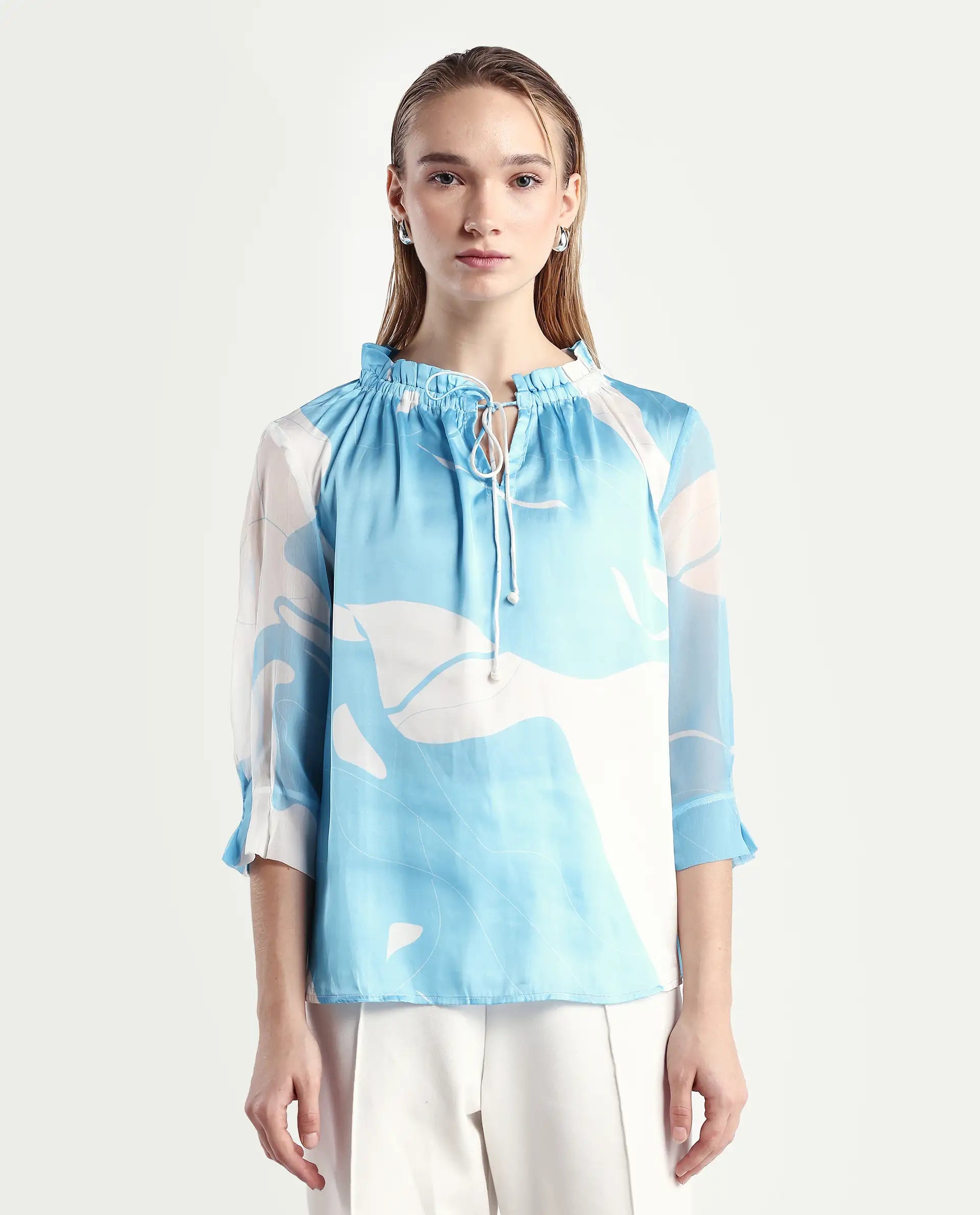 Rareism Women's Meara Blue Polyester Tie-Up Neck Abstract Print Ruffled Sleeve Regular Fit Top