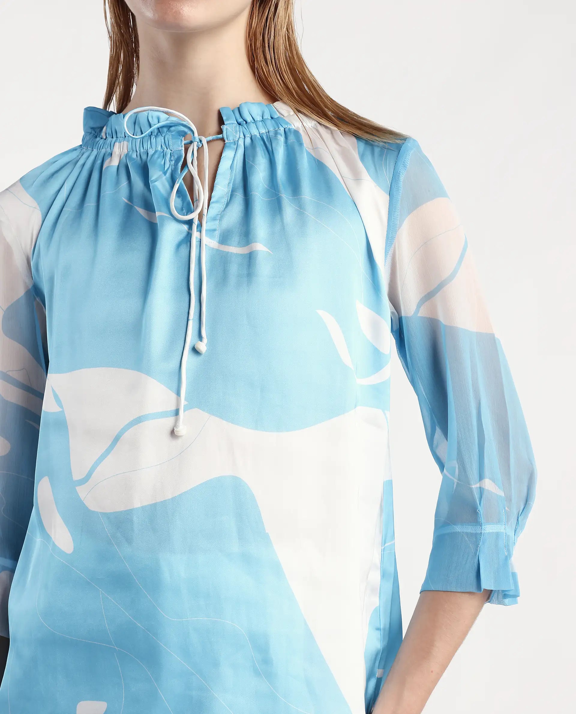 Rareism Women's Meara Blue Polyester Tie-Up Neck Abstract Print Ruffled Sleeve Regular Fit Top