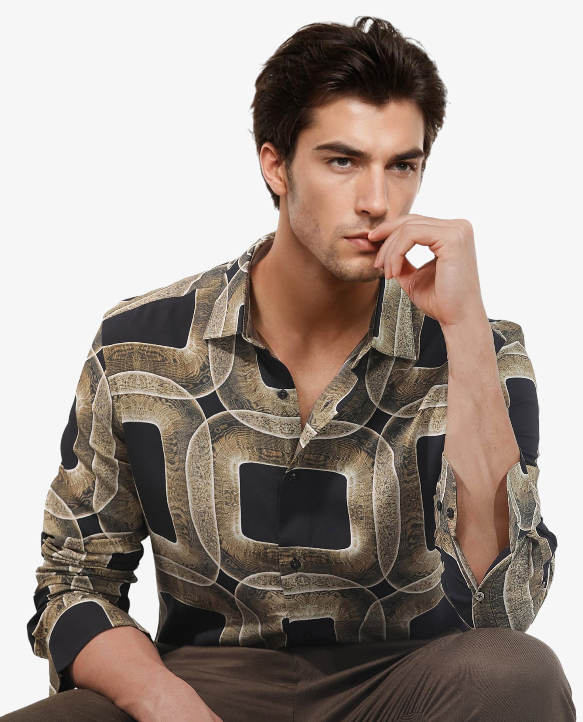 Rare Rabbit Men's Mecro LS Mustard Viscose Fabric Full Sleeves Abstract Geometric Print Shirt