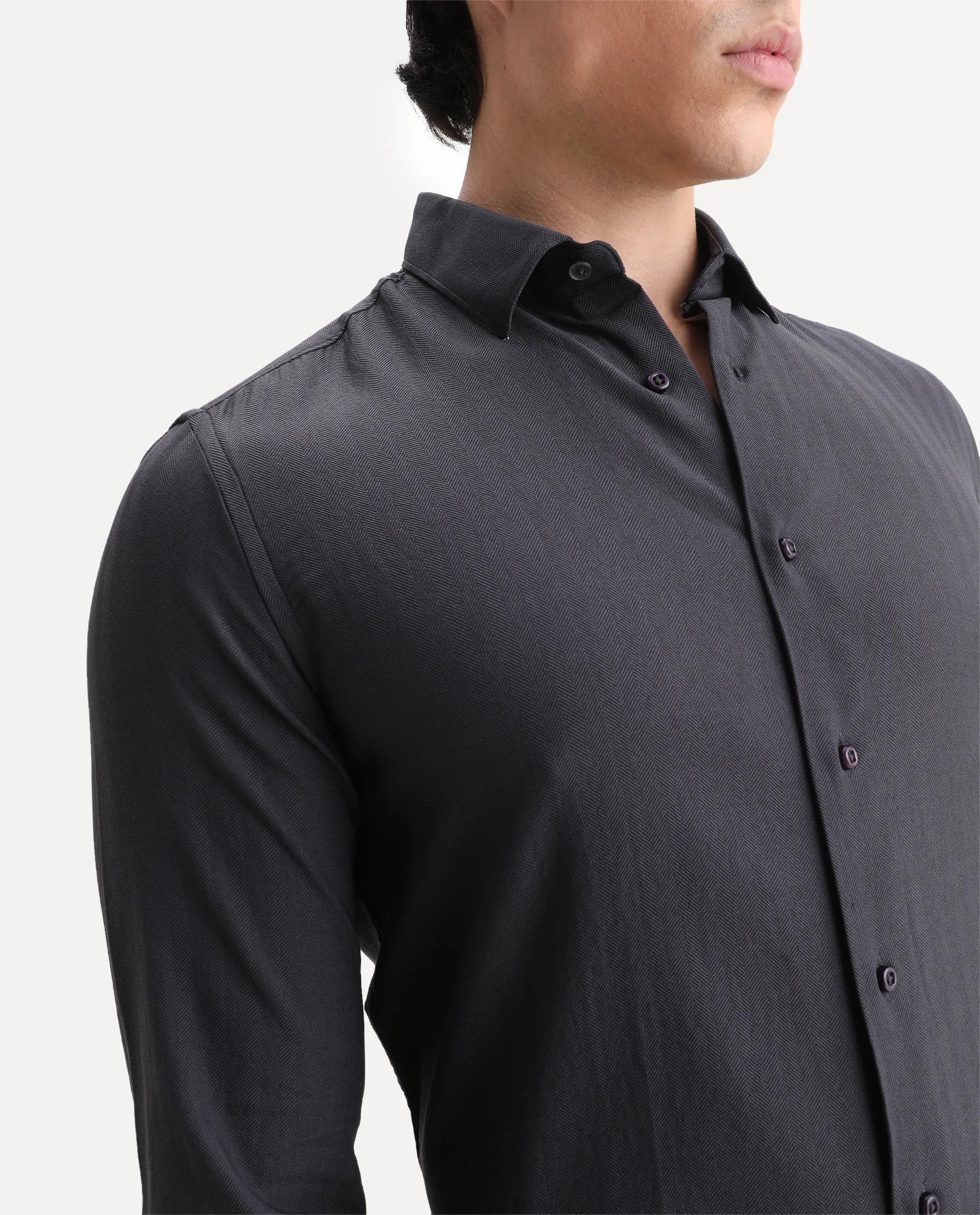 Rare Rabbit Men's Me Dark Grey Polyester Plain Regular Fit Full Sleeve Collared Shirt