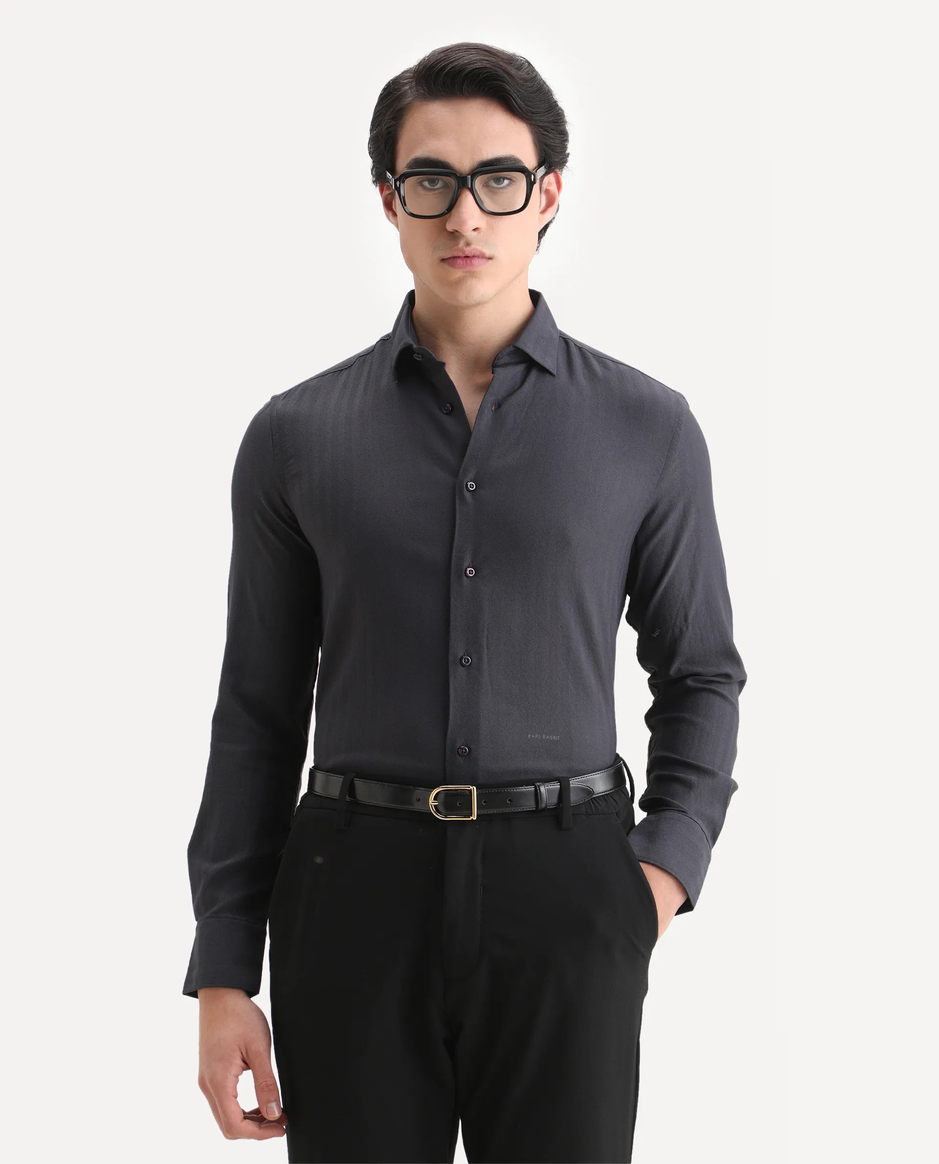 Rare Rabbit Men's Me Dark Grey Polyester Plain Regular Fit Full Sleeve Collared Shirt