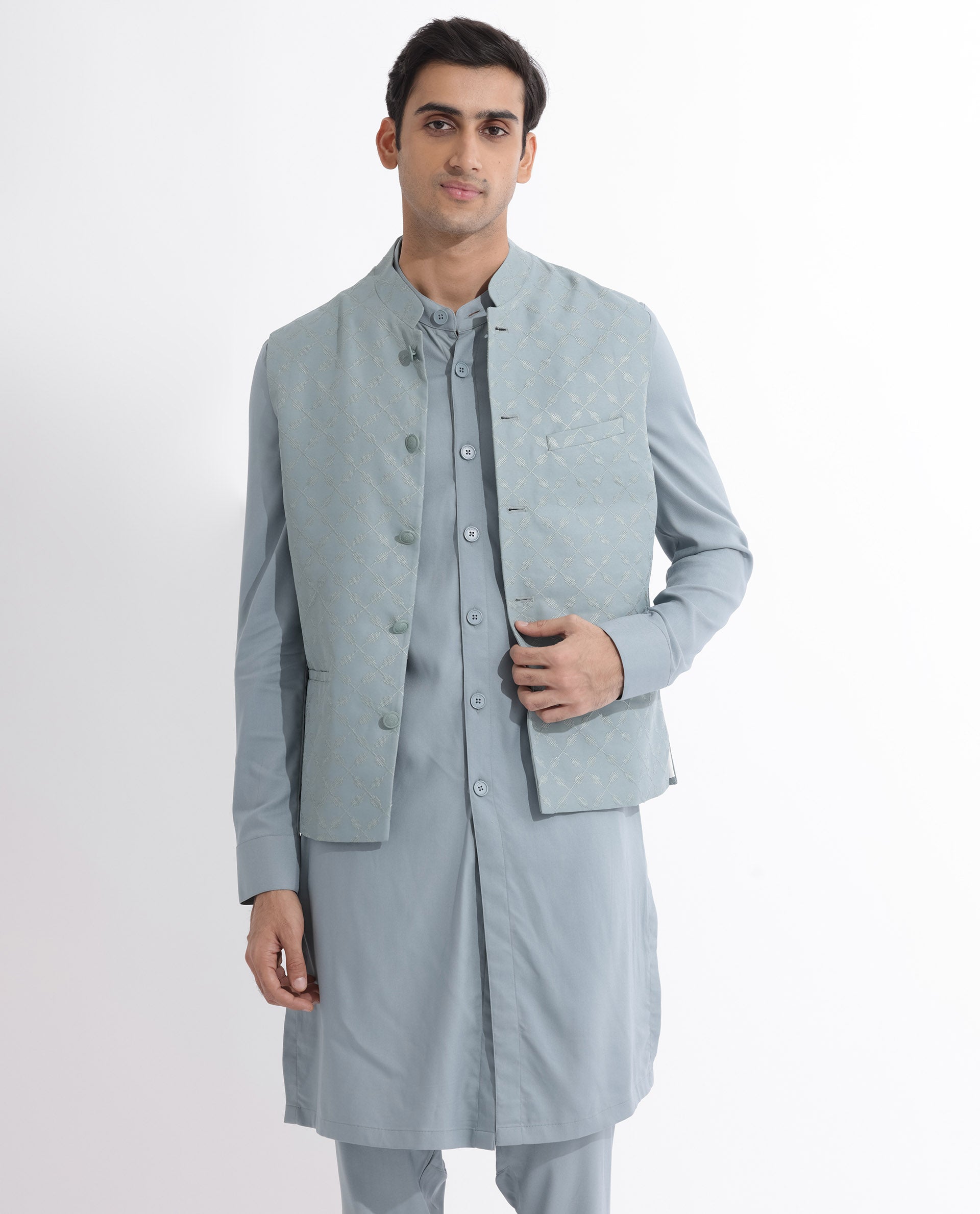 RARE RABBIT MENS MEDO-B DUSKY GREEN BANDI SLEEVELESS MANDARIN COLLAR