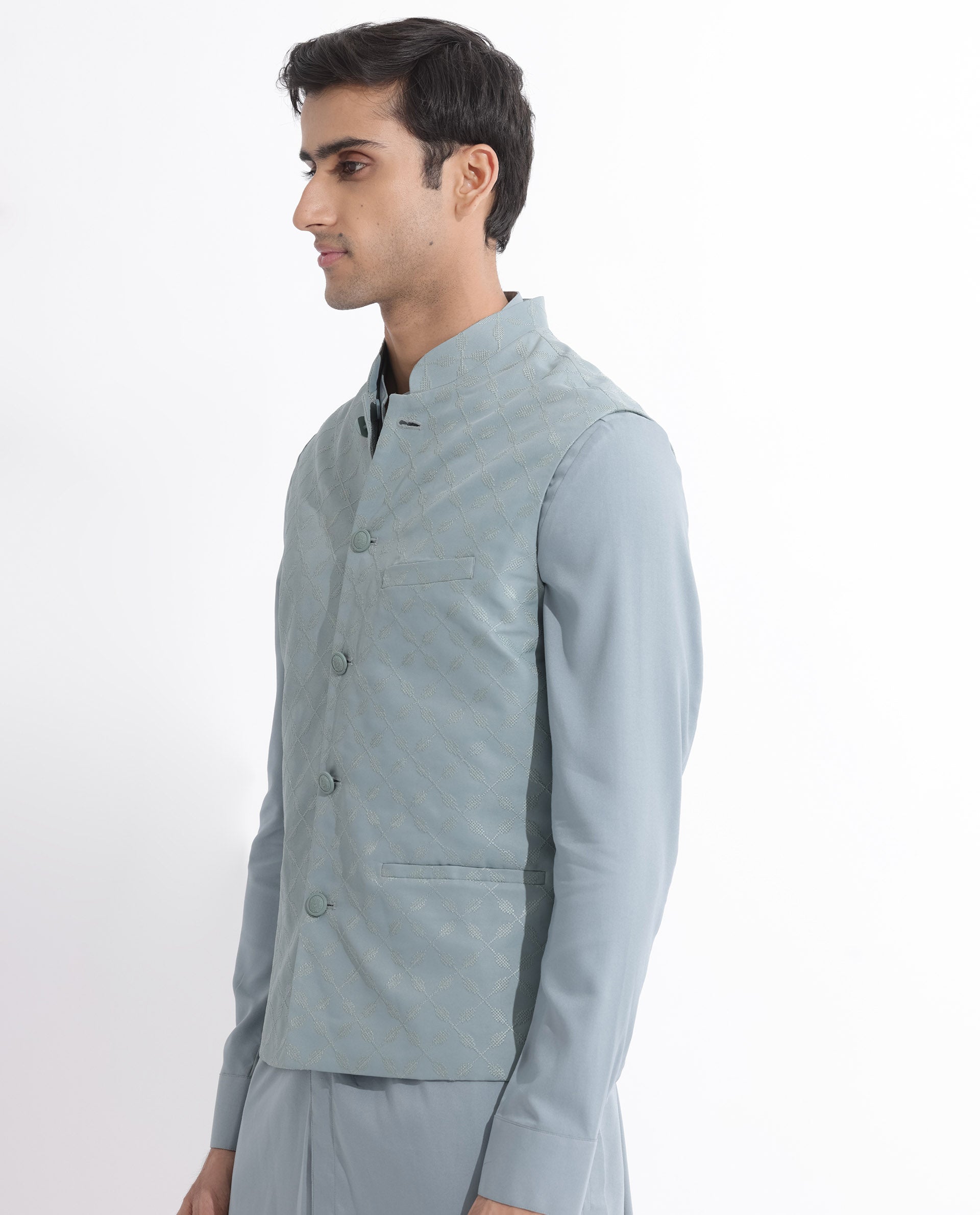 RARE RABBIT MENS MEDO-B DUSKY GREEN BANDI SLEEVELESS MANDARIN COLLAR