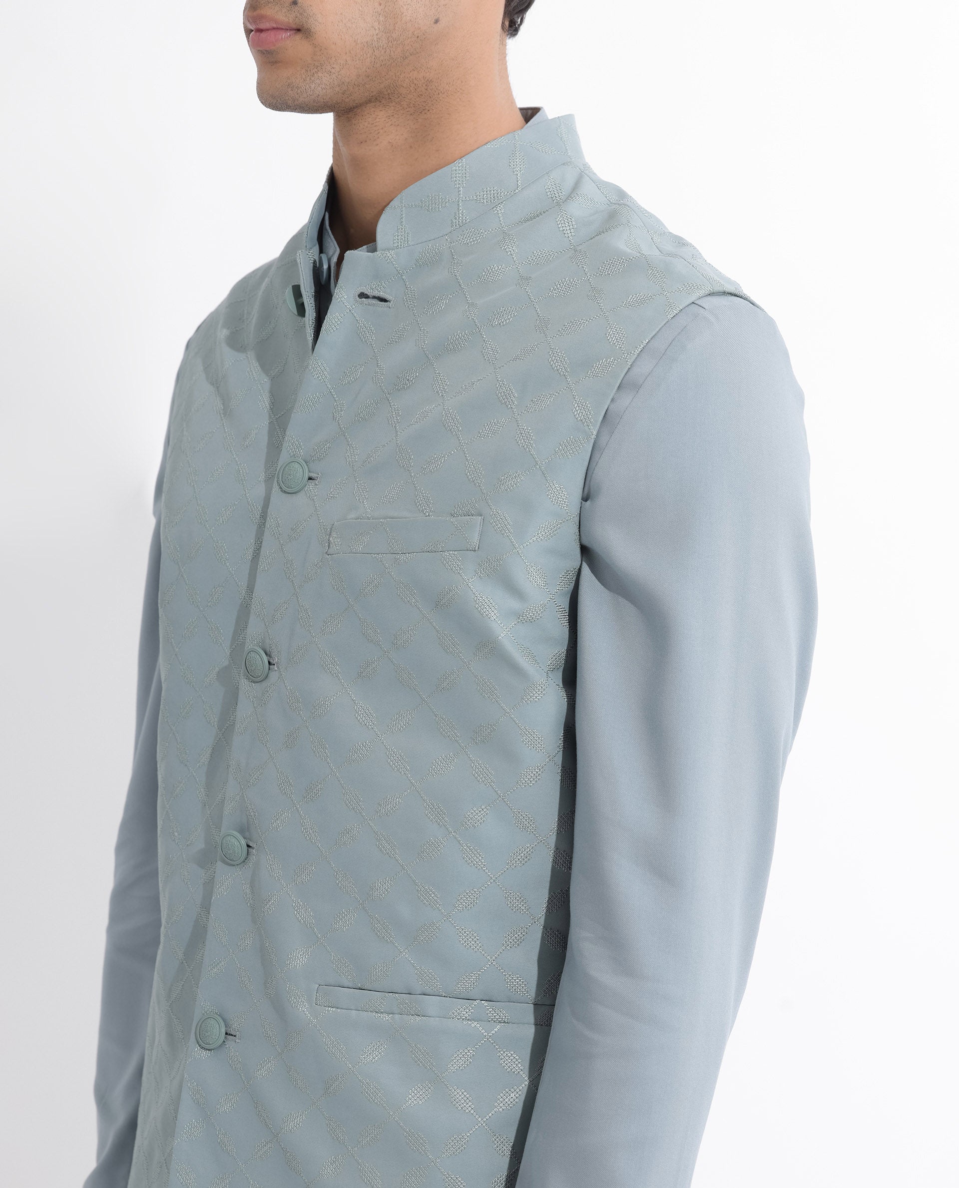 RARE RABBIT MENS MEDO-B DUSKY GREEN BANDI SLEEVELESS MANDARIN COLLAR