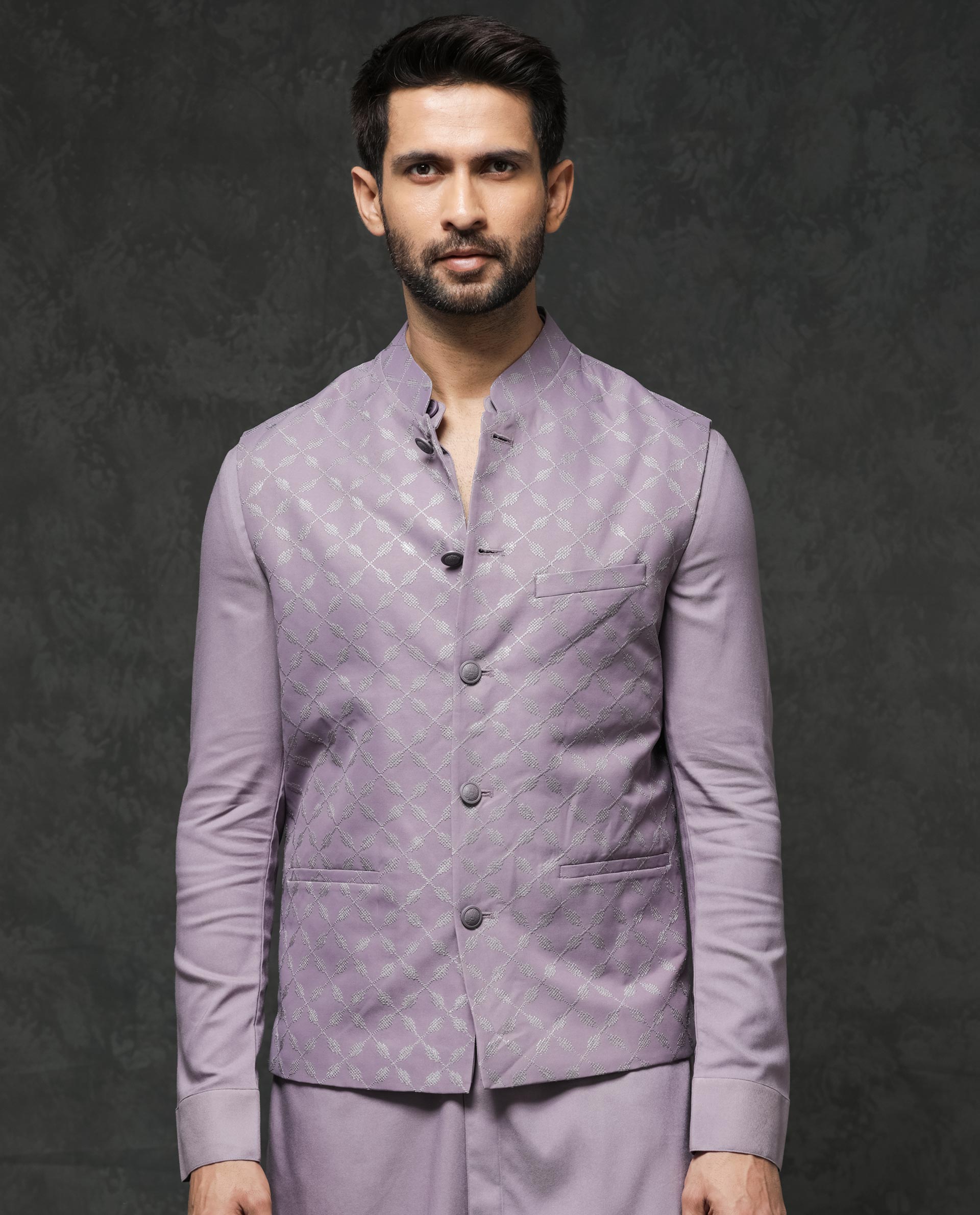 Rare Rabbit Men's Medo-B1 Pastel Purple Poly Viscose Elastane Fabric Mandarin Collar Sleeveless Geometric Embroidered Bandi