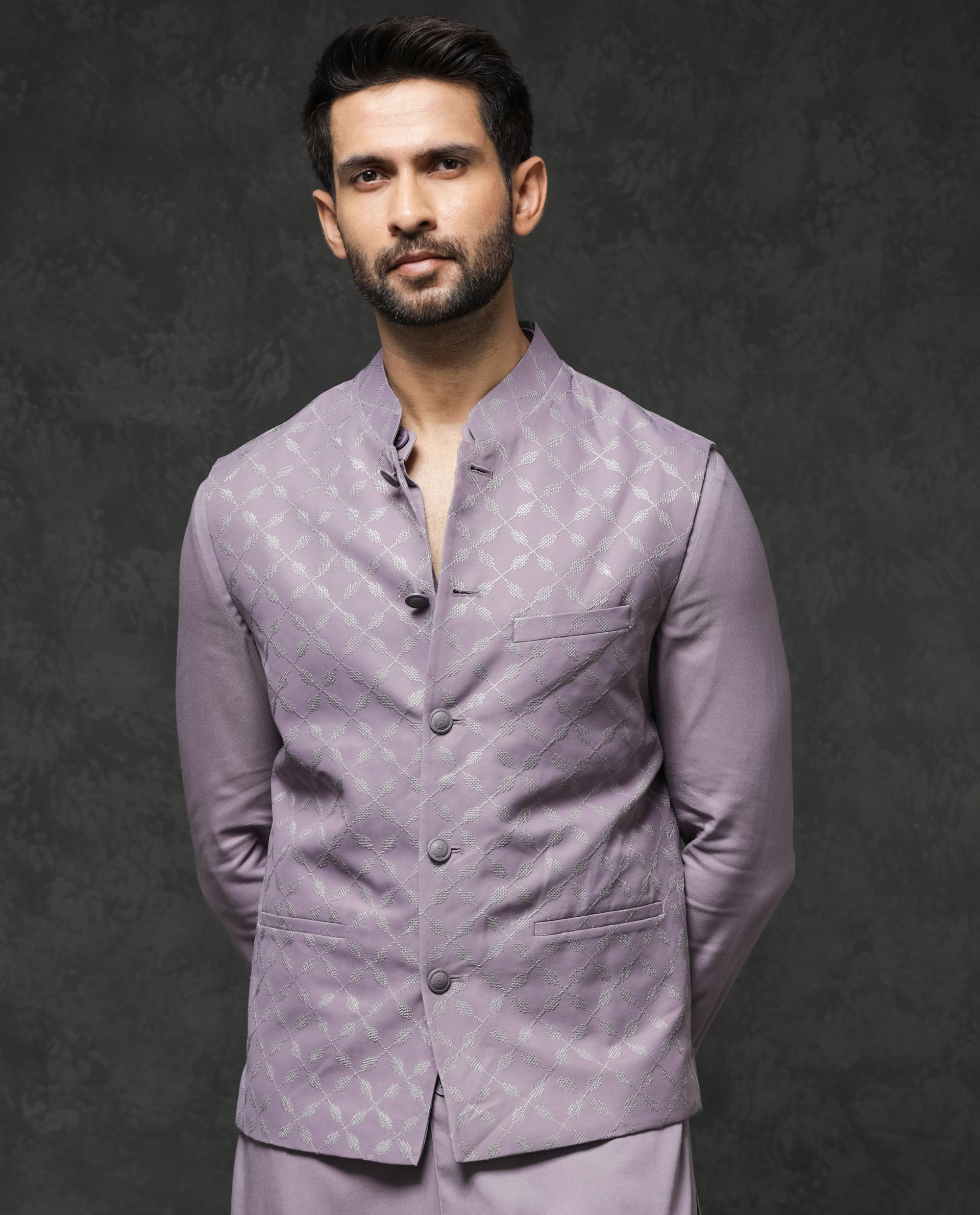 Rare Rabbit Men's Medo-B1 Pastel Purple Poly Viscose Elastane Fabric Mandarin Collar Sleeveless Geometric Embroidered Bandi